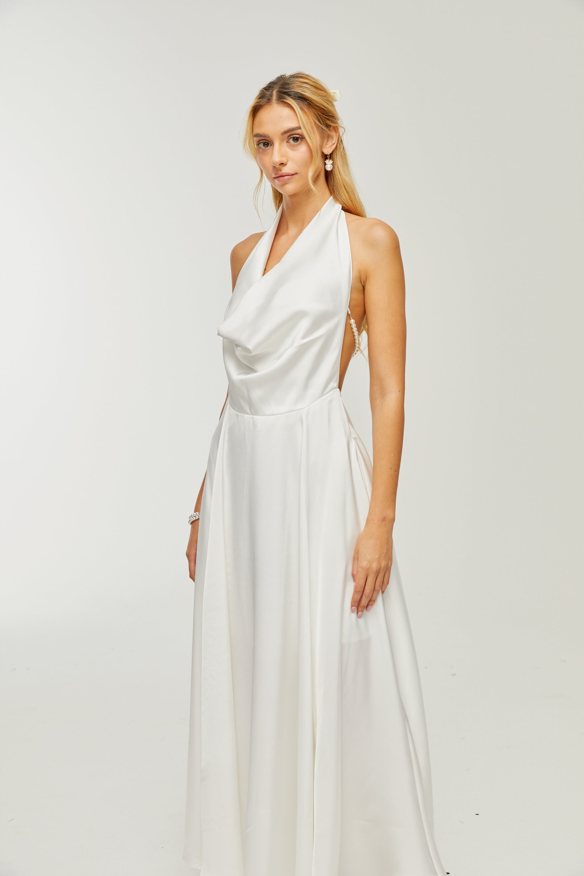 Lucena white scoop-back cowl-neck dress