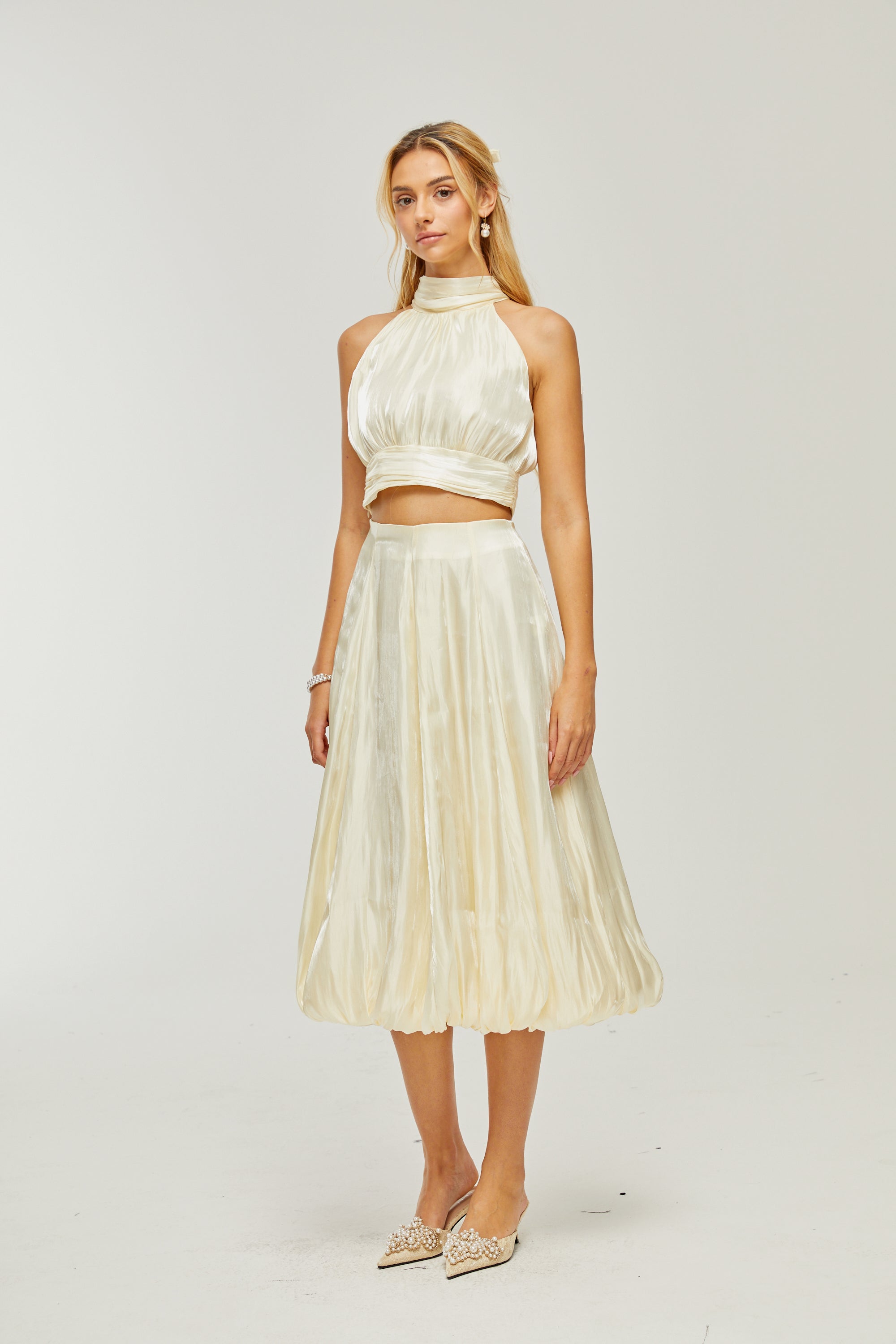 Céline white pleated top & skirt matching set