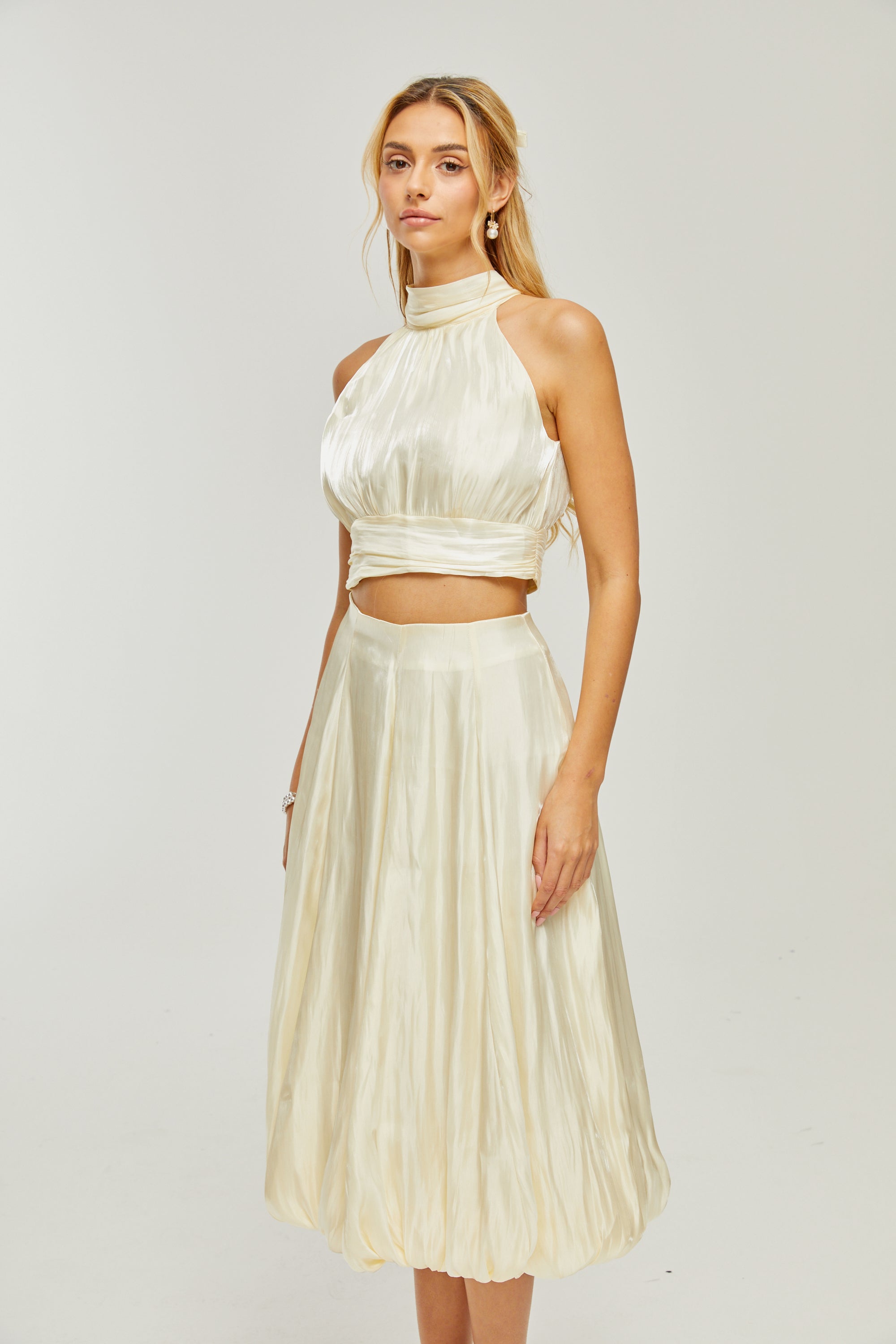 Céline white pleated top & skirt matching set