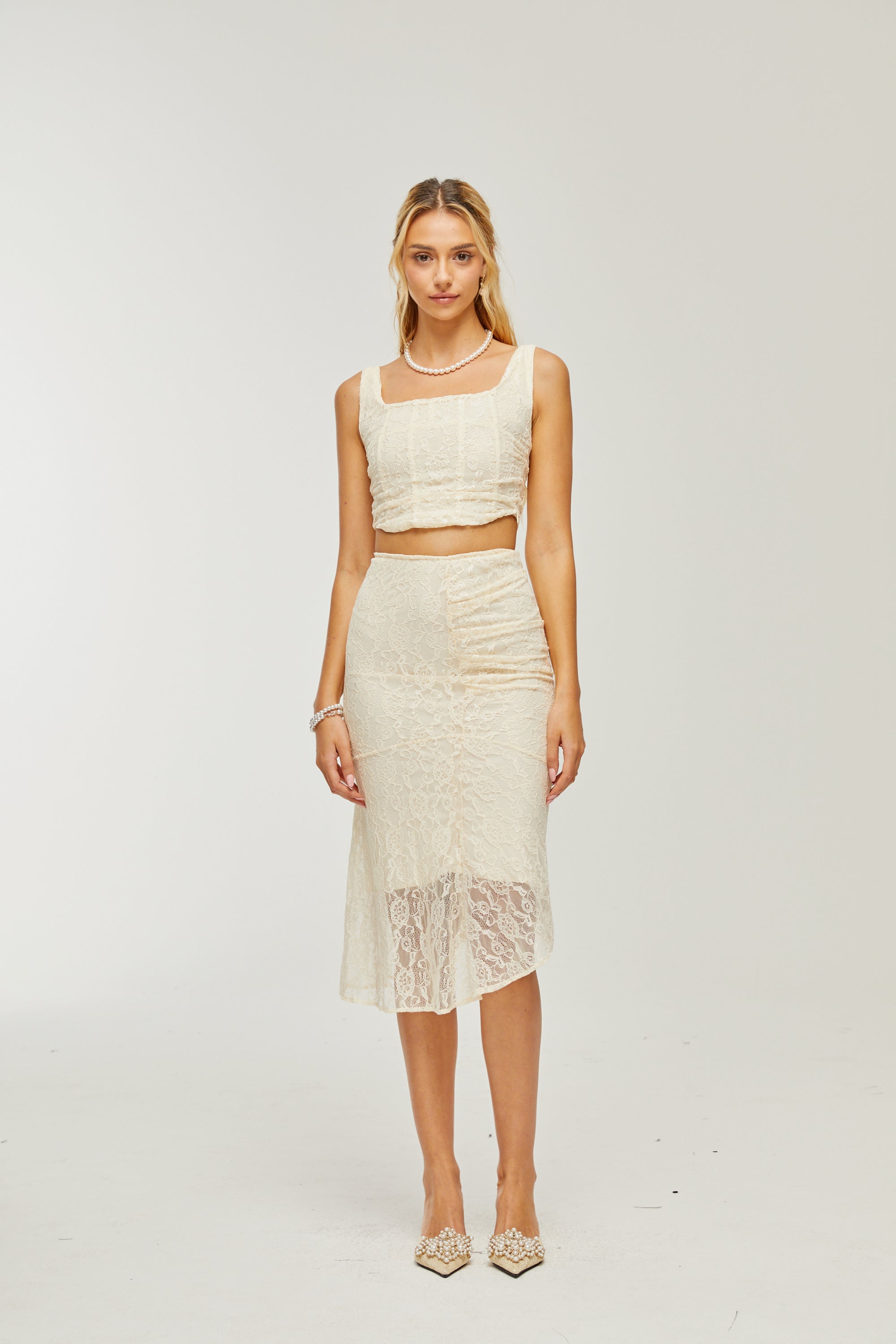 Élodie lace-overlay top & skirt matching set