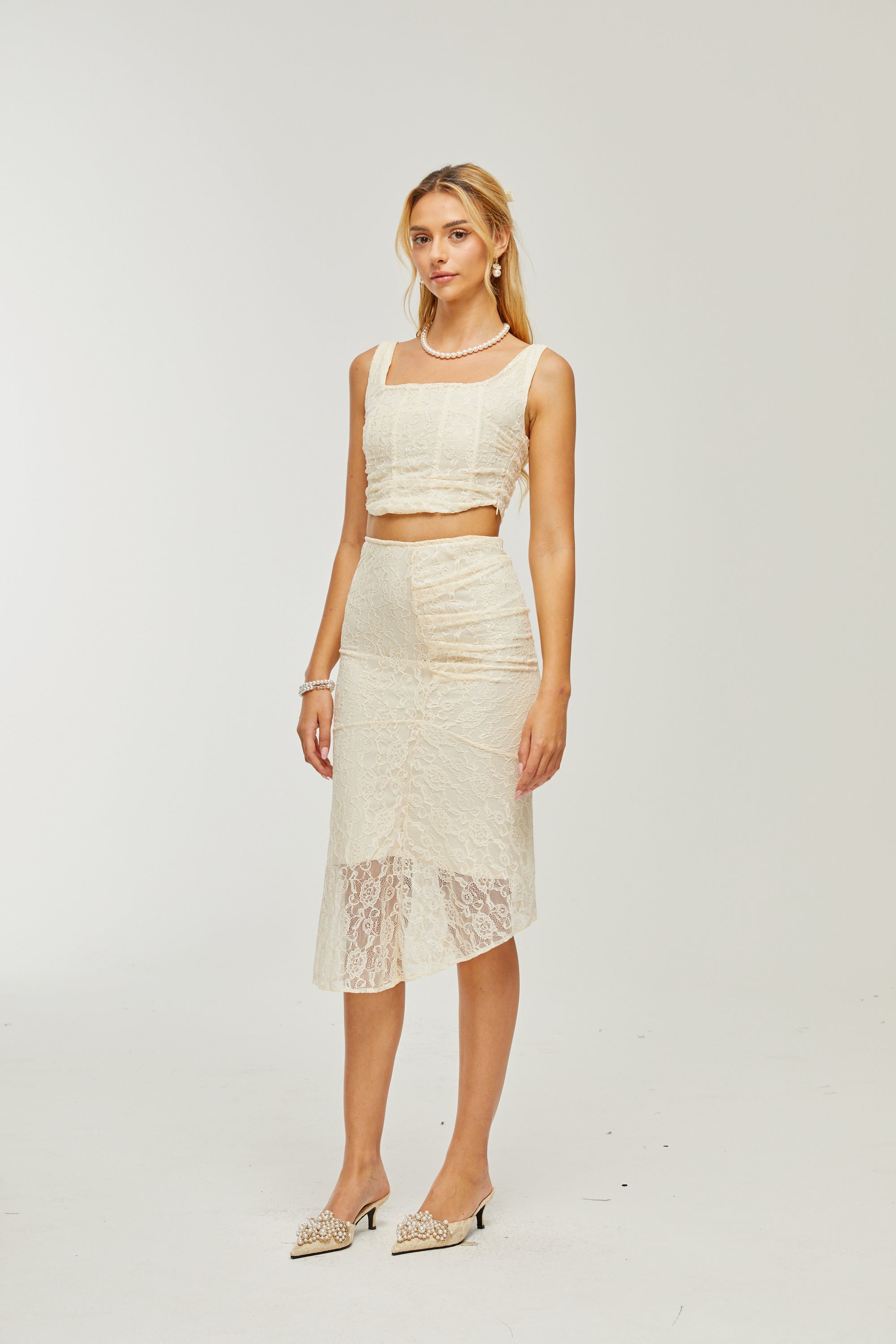 Élodie lace-overlay top & skirt matching set