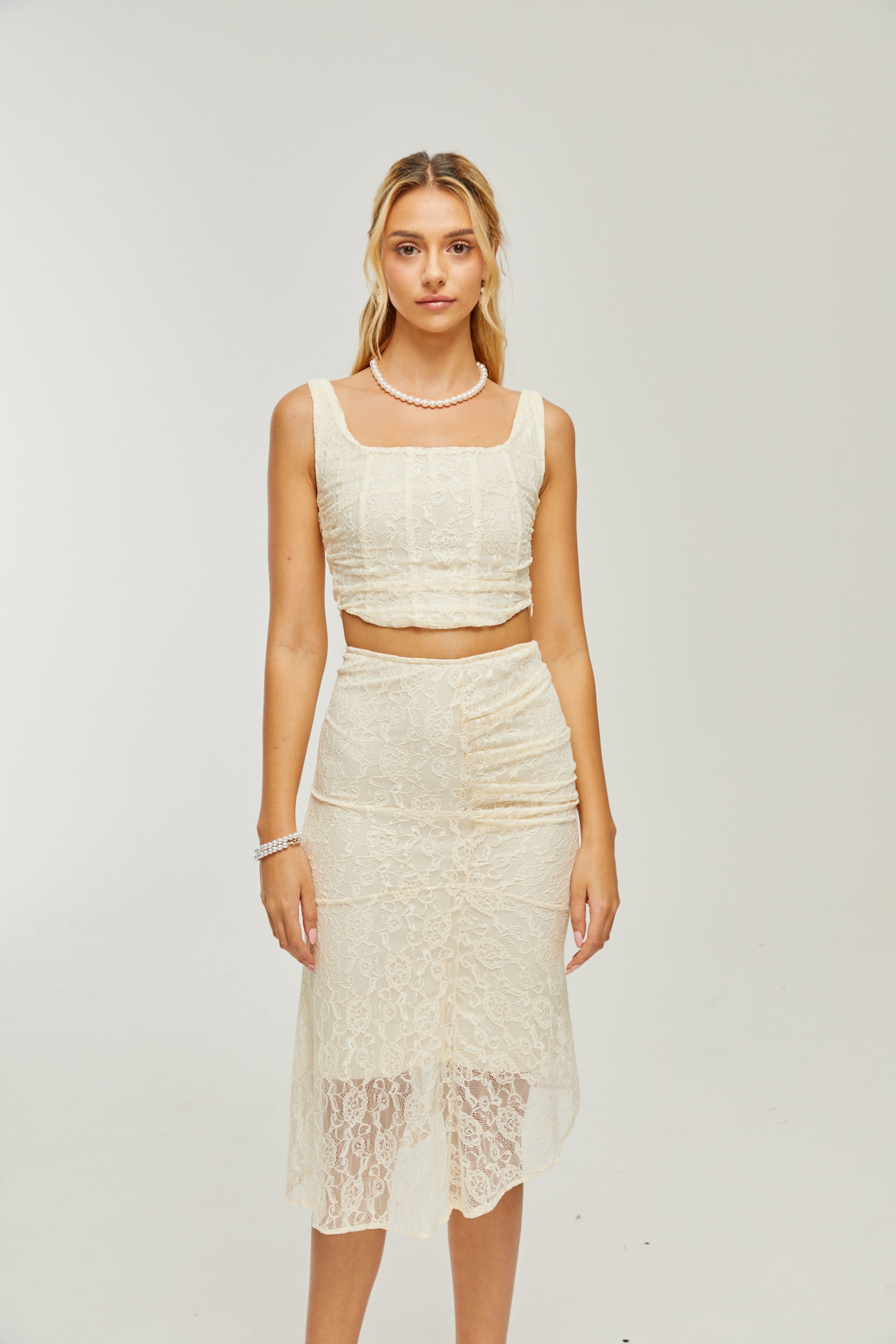 Élodie lace-overlay top & skirt matching set