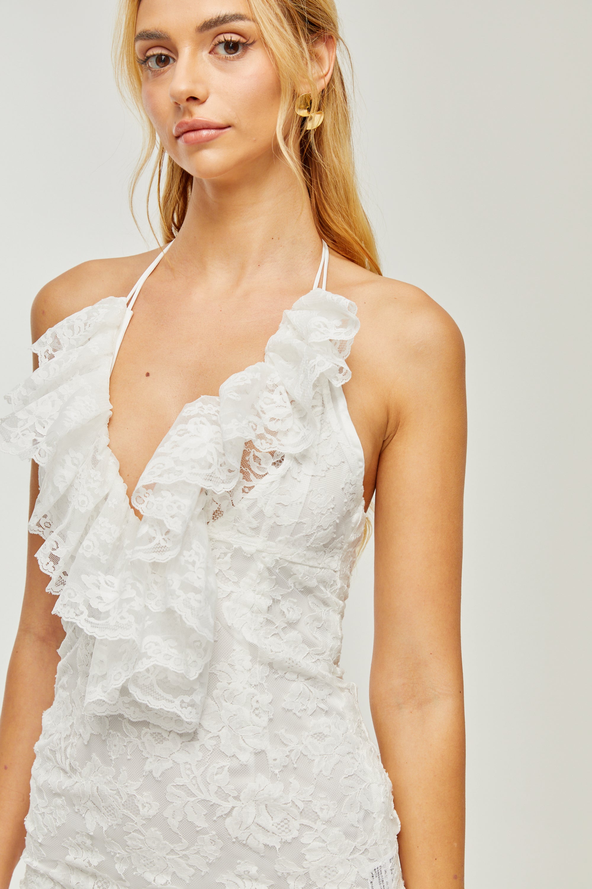 Clarabelle guipure-lace ruffled midi dress