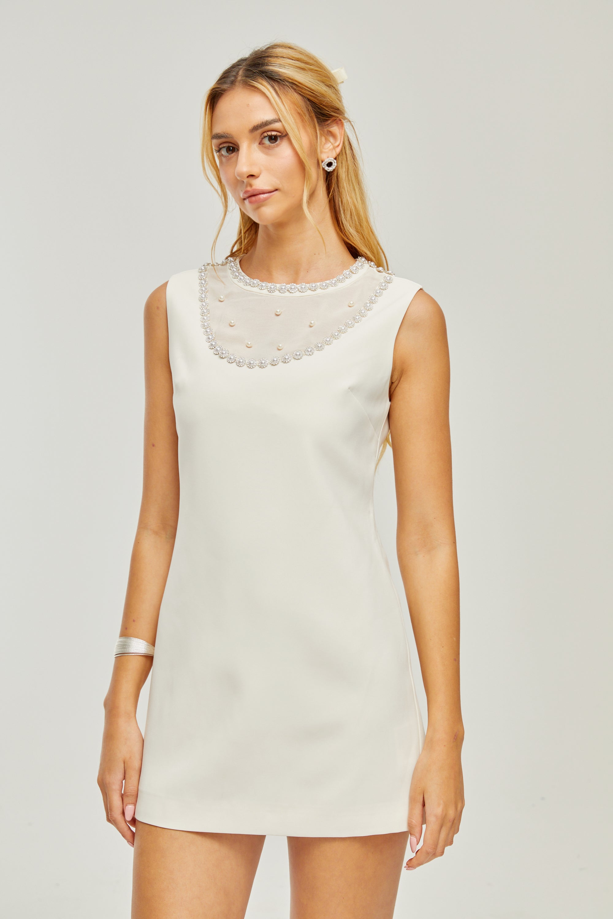 Yvonne sleeveless faux-pearl mini dress