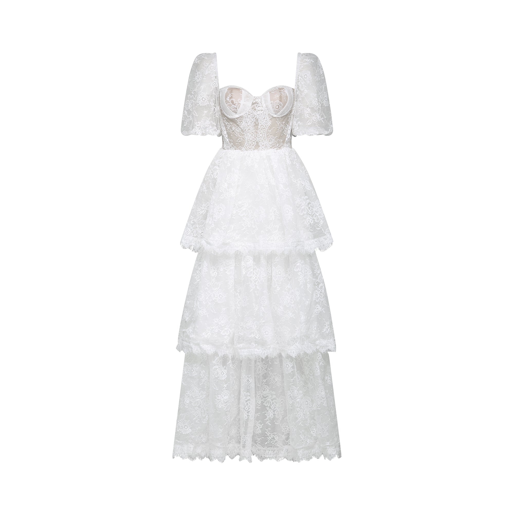 Mélisande white lace tiered midi dress