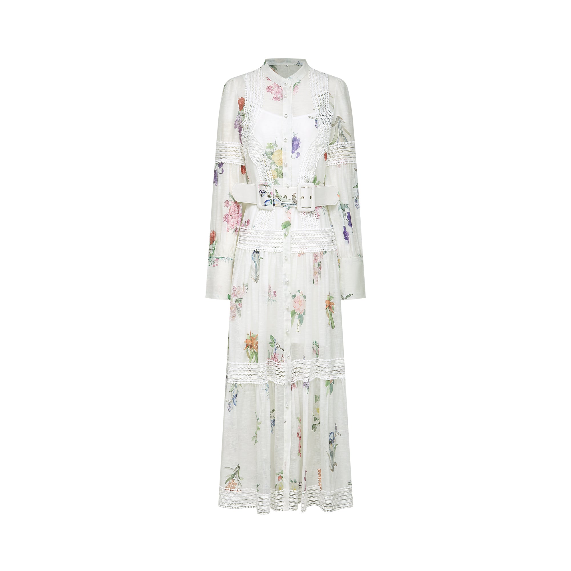 Thaïs white belted floral-print midi dress