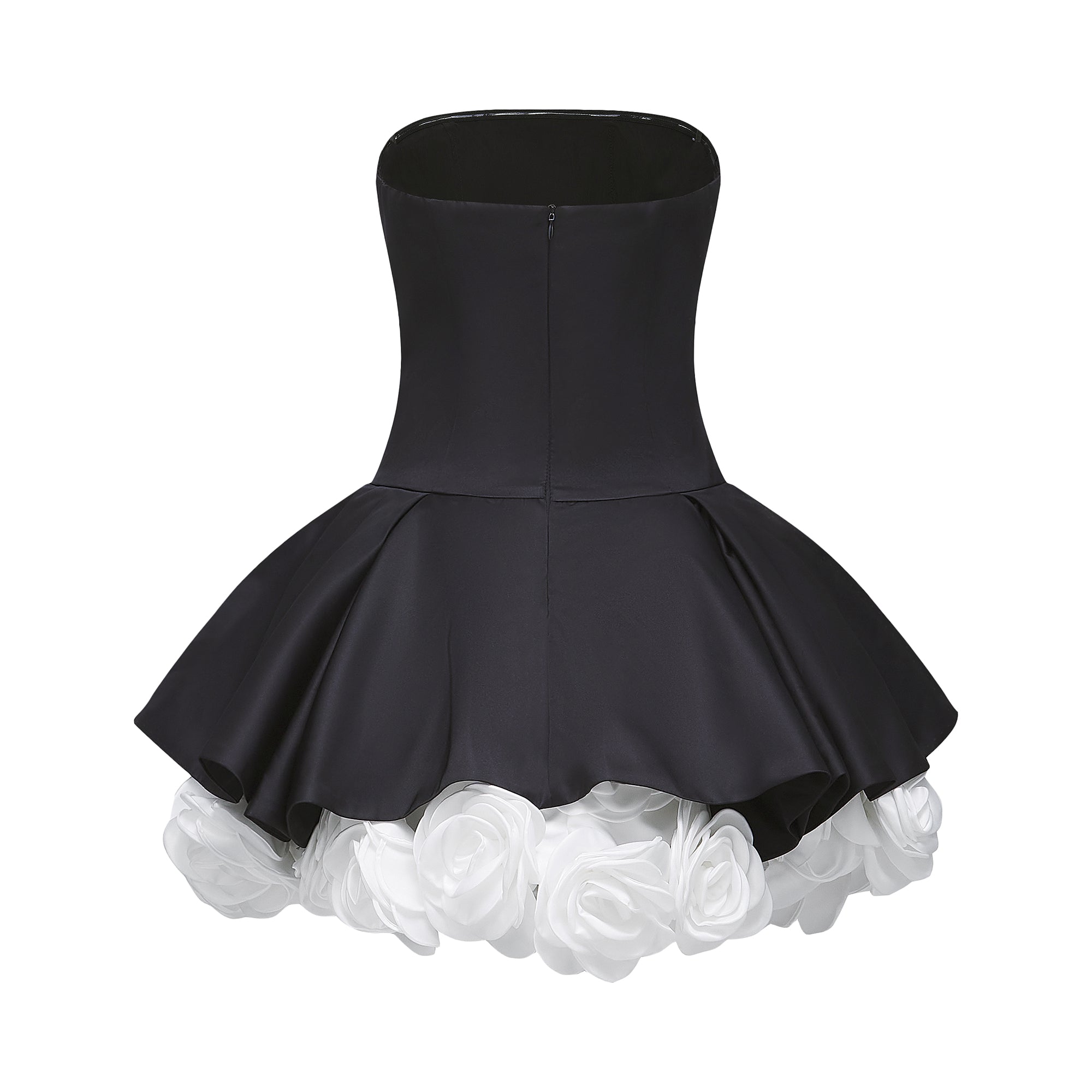 Lucie – schwarzes, trägerloses Korsett-Minikleid mit Blütenblättern 