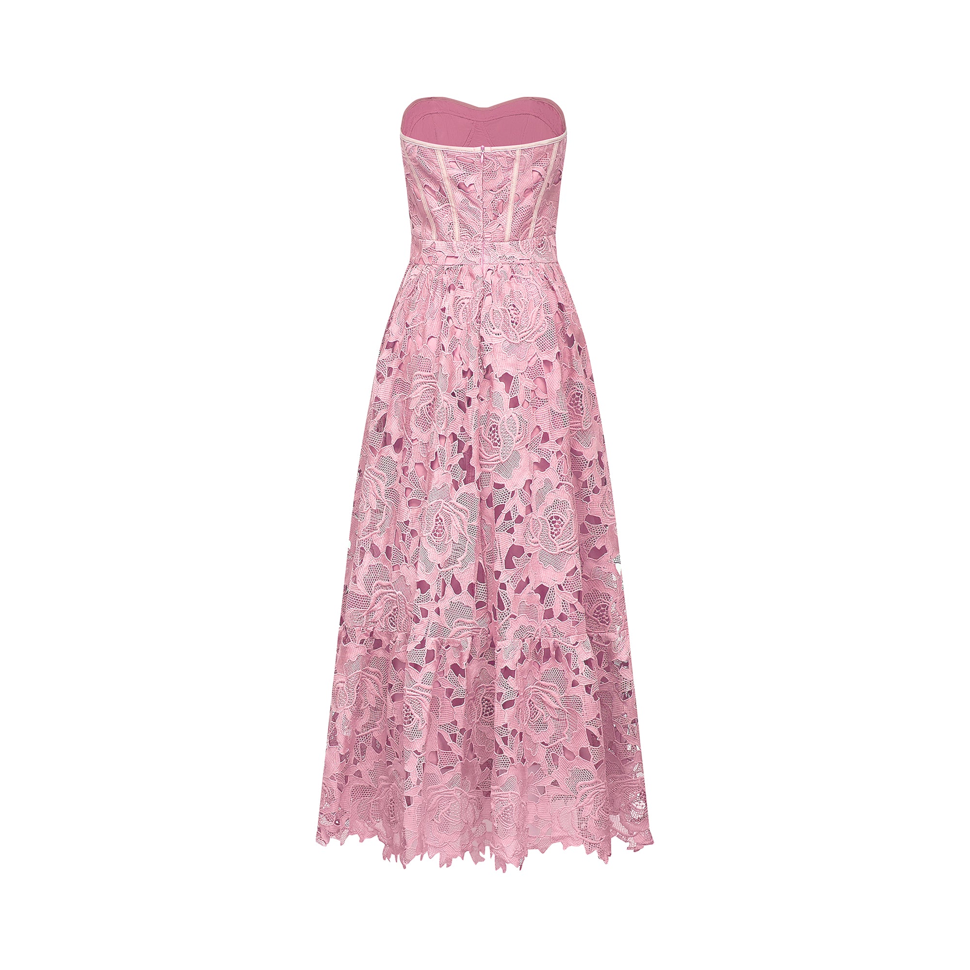 Inès lace floral embroidered cut-out midi dress in Pink
