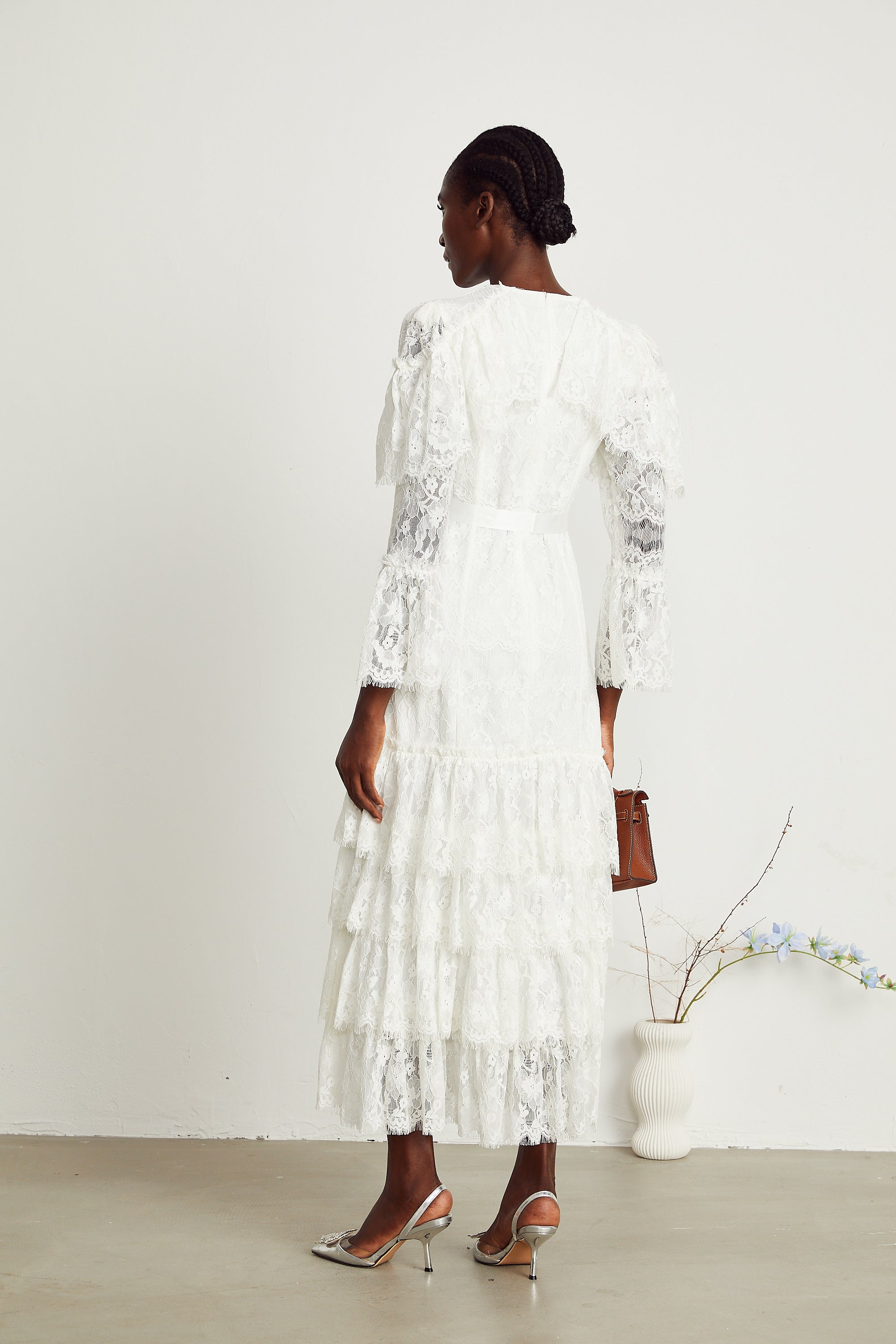 Leone floral lace tiered maxi dress