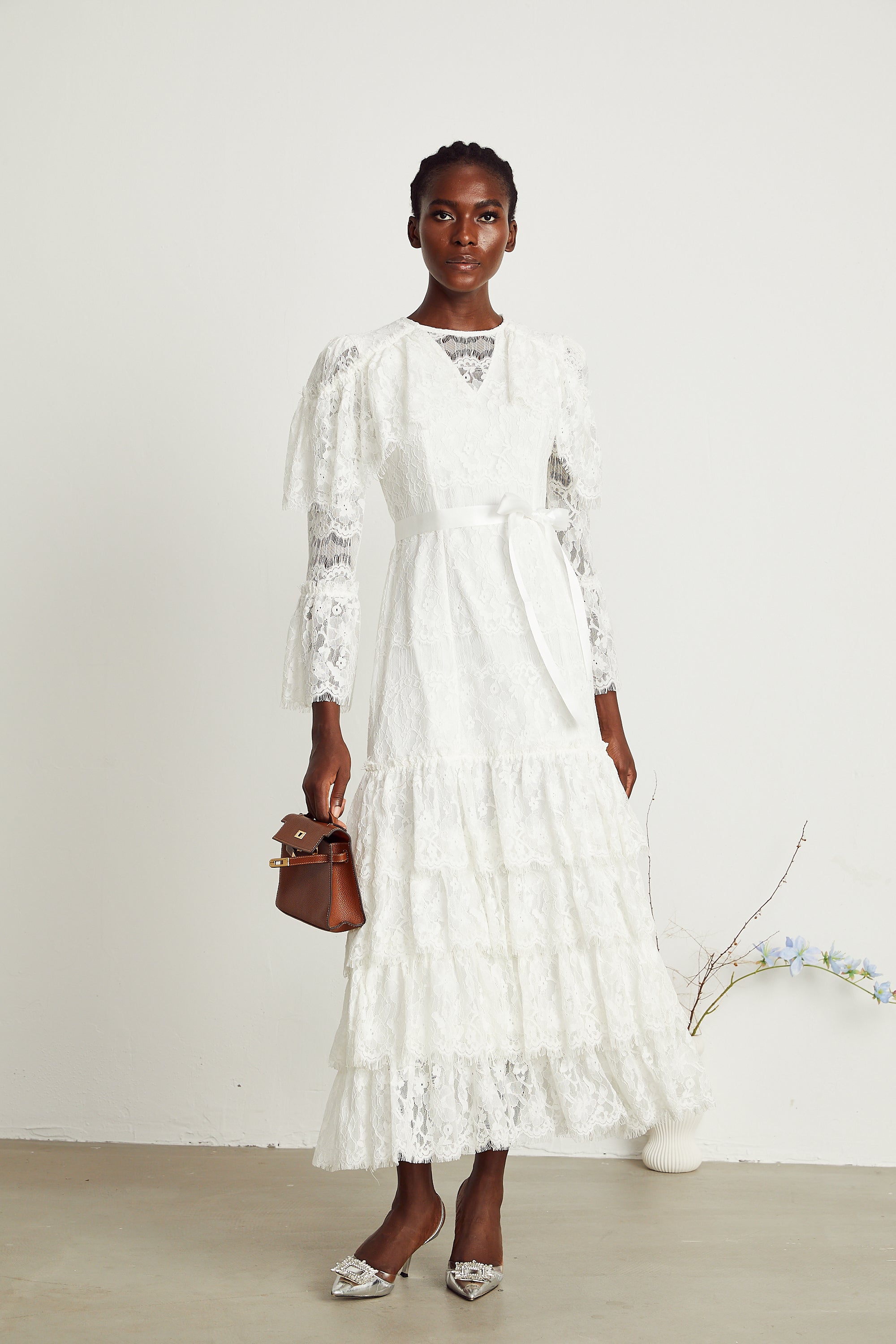 Leone floral lace tiered maxi dress