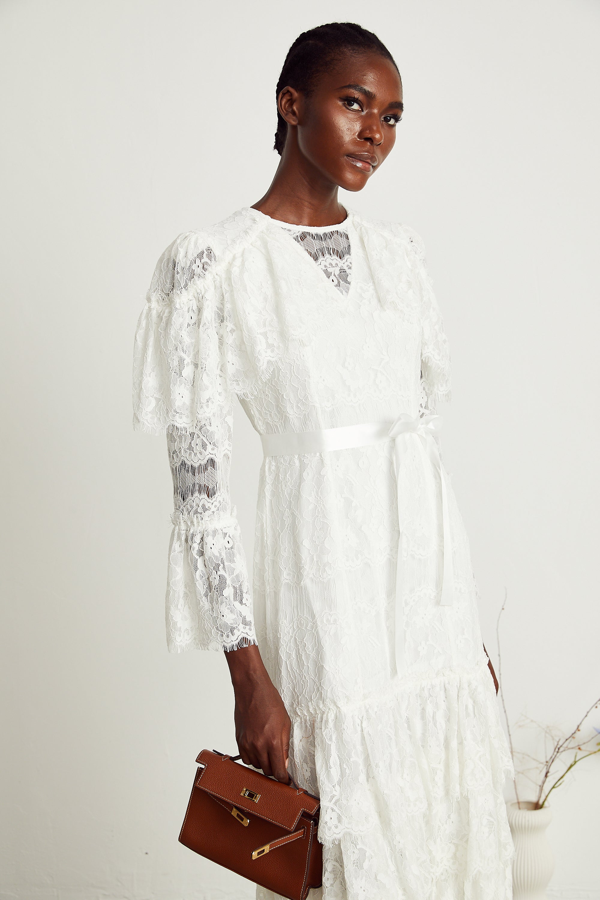 Leone floral lace tiered maxi dress