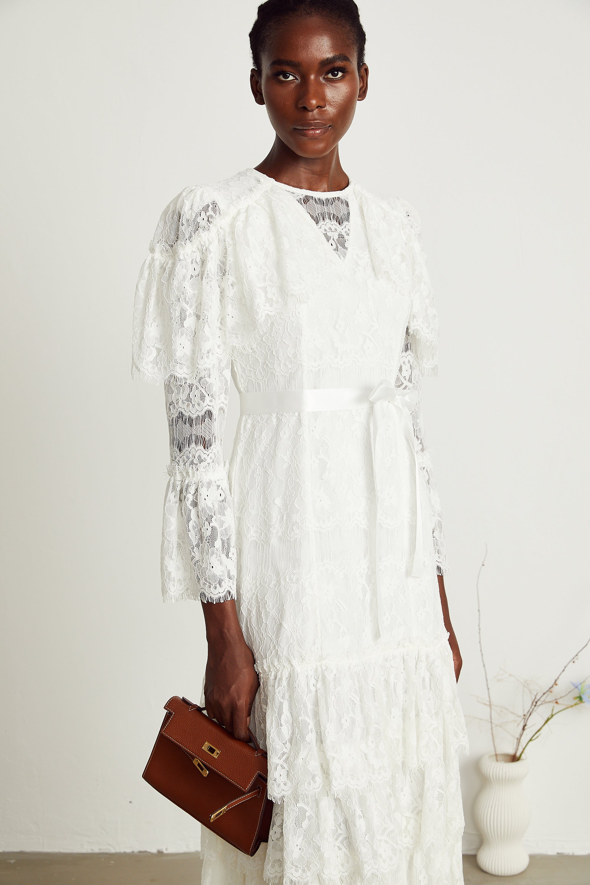 Leone floral lace tiered maxi dress