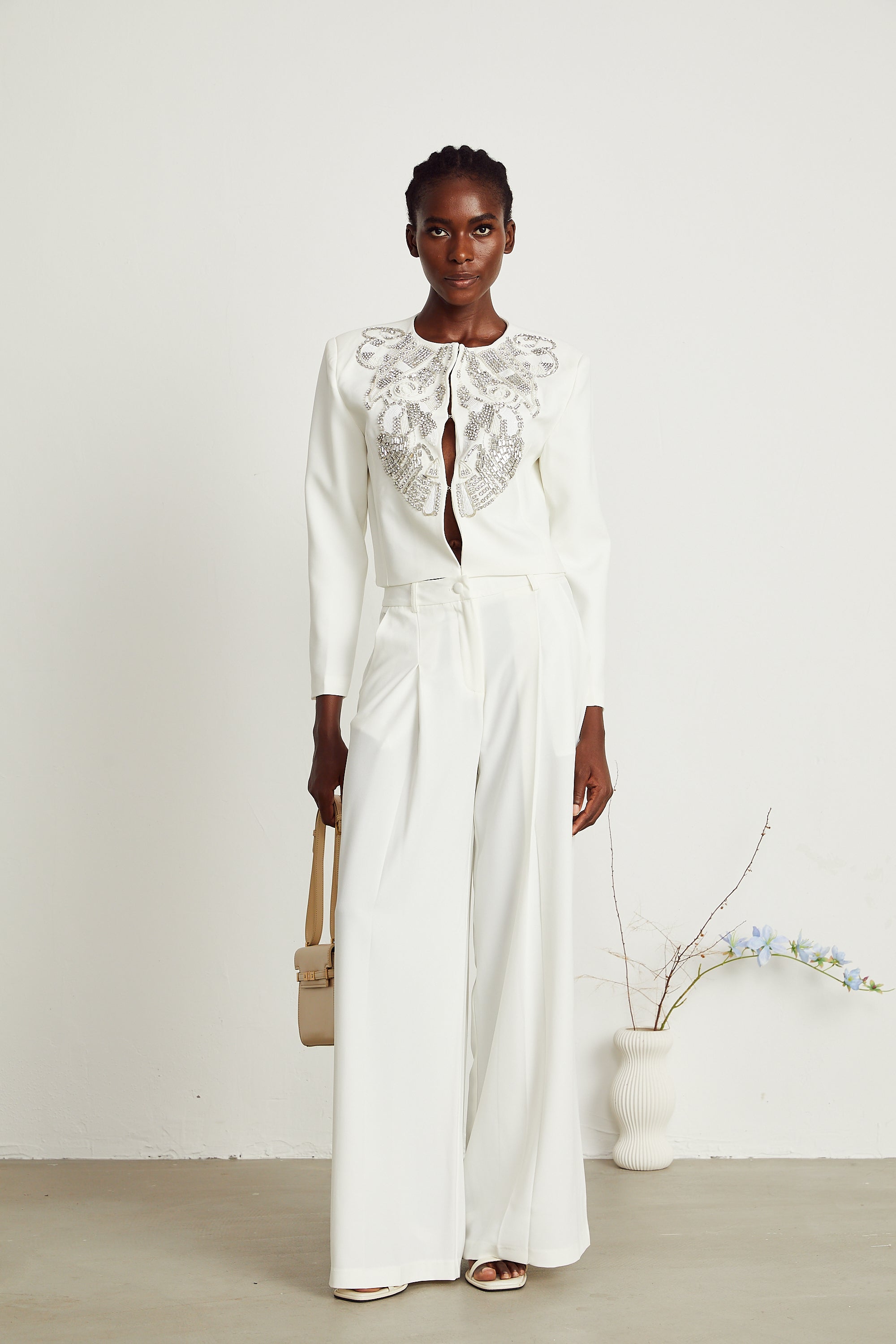 Agnès white embellished jacket & trousers matching set