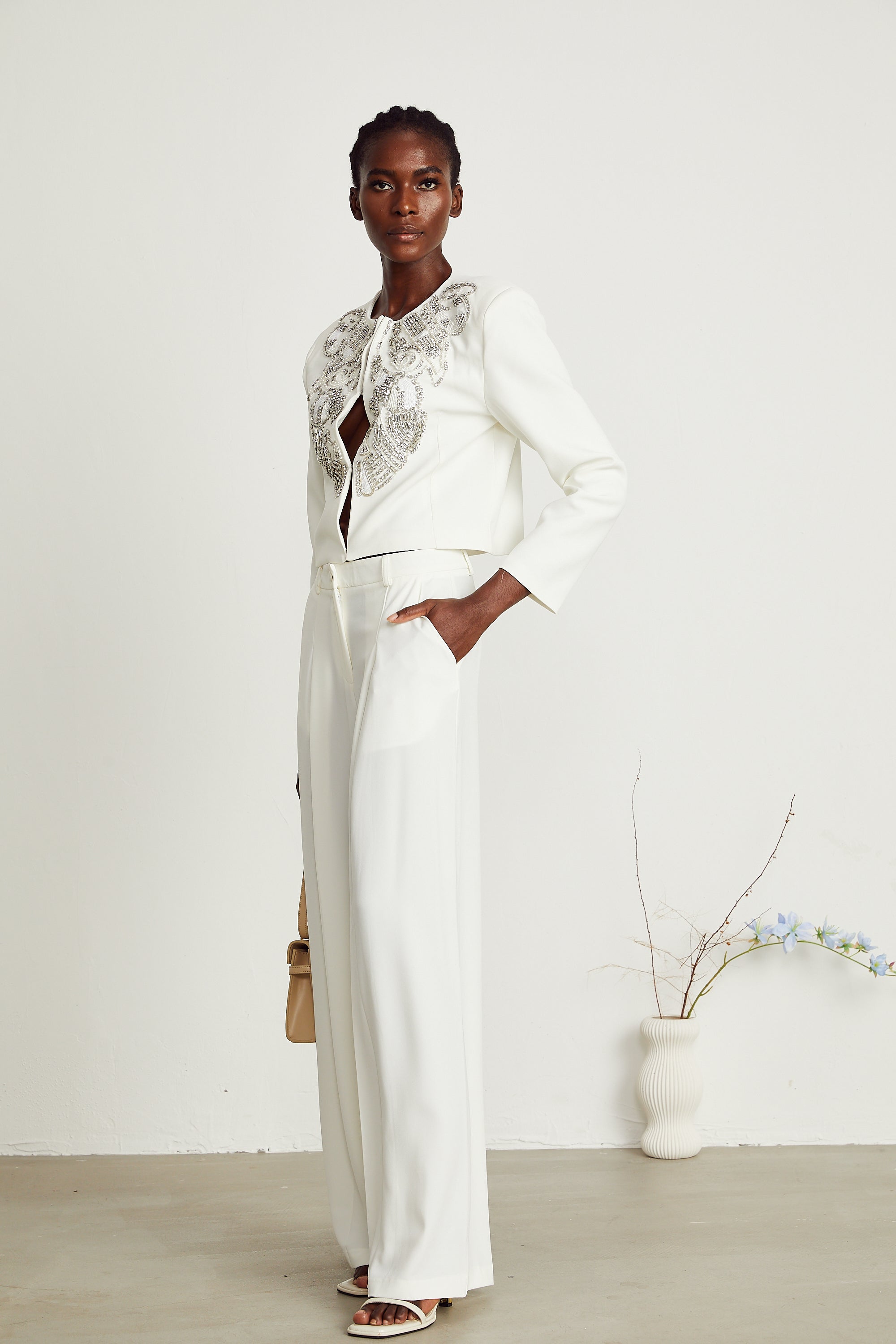 Agnès white embellished jacket & trousers matching set