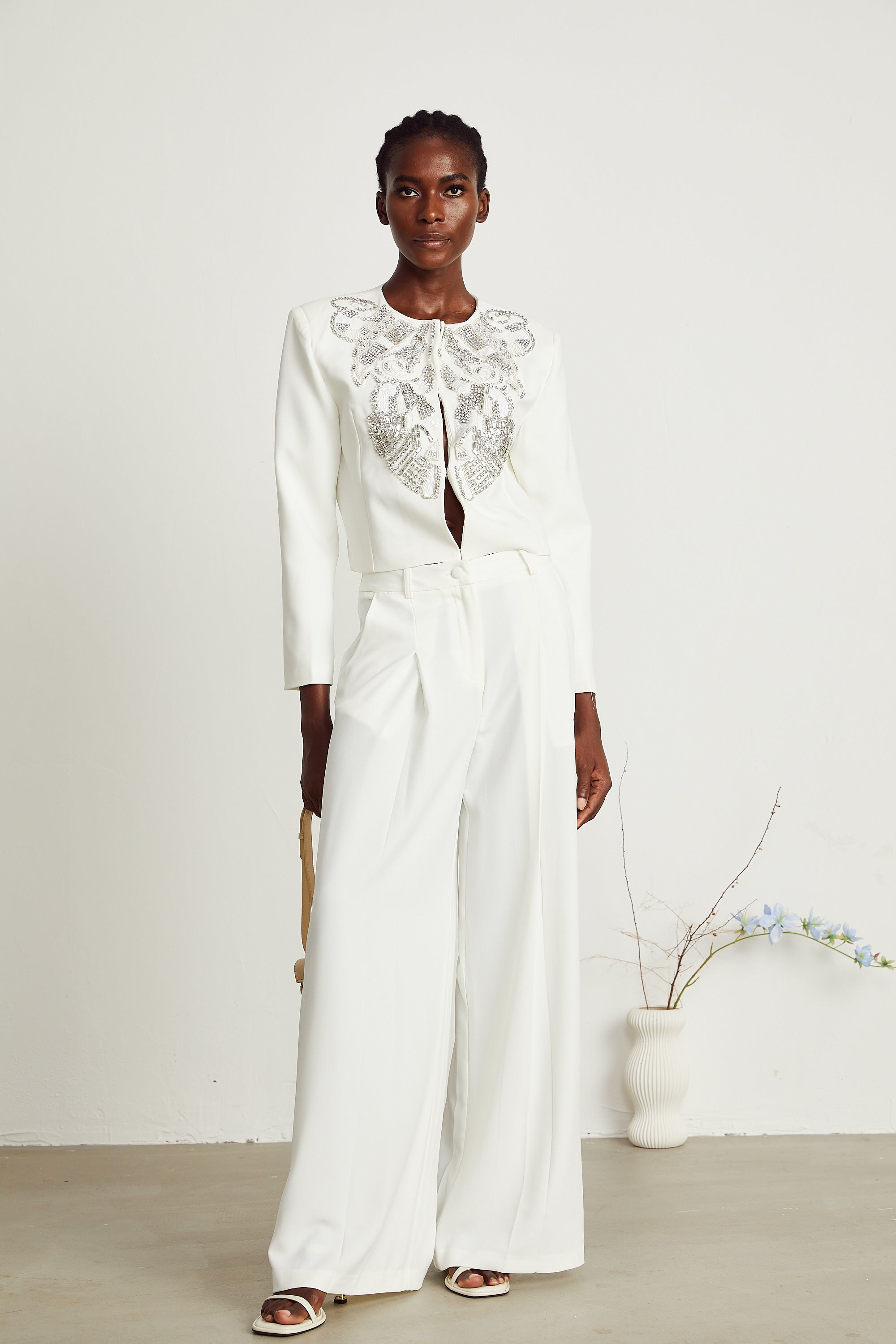 Agnès white embellished jacket & trousers matching set