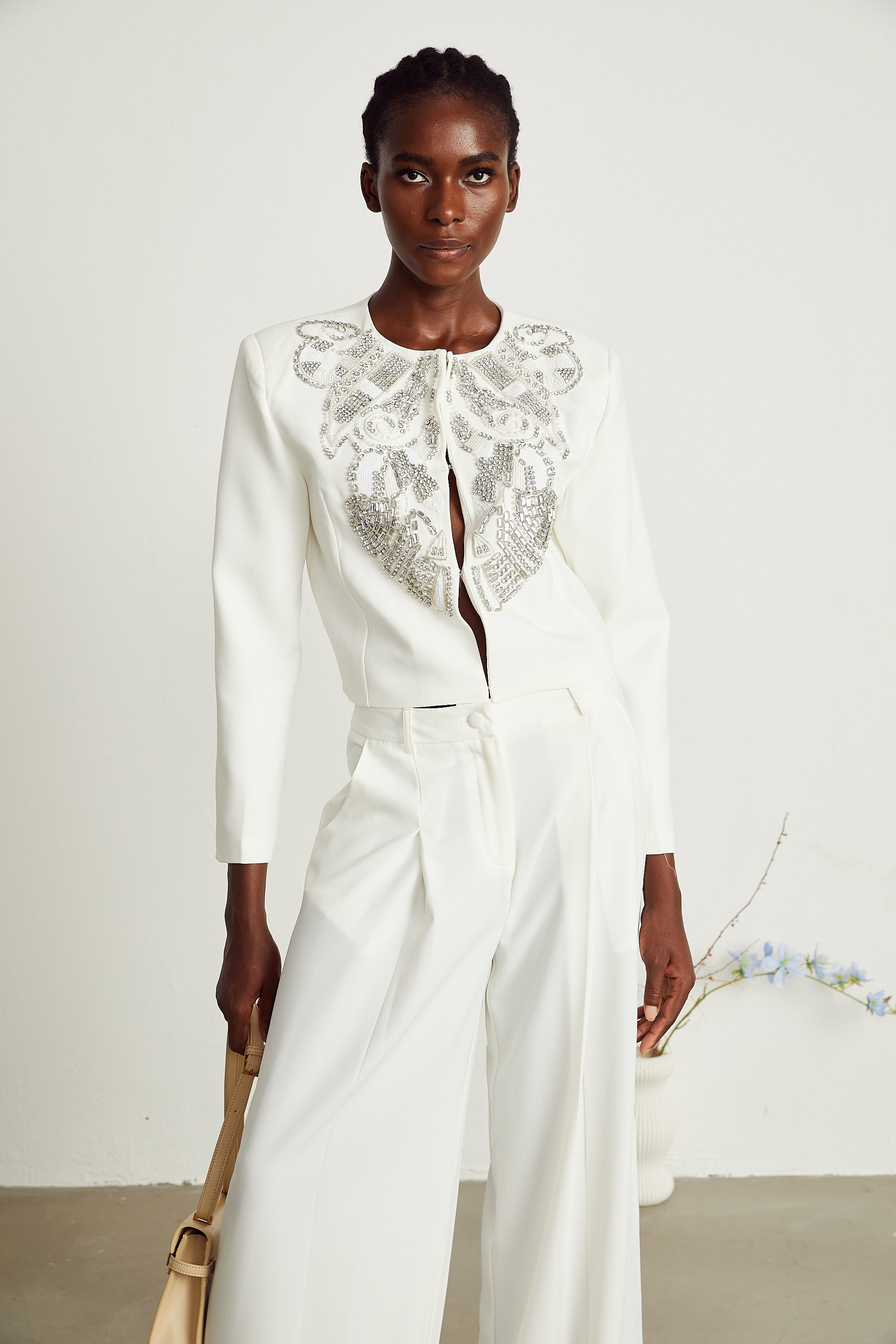 Agnès white embellished jacket & trousers matching set