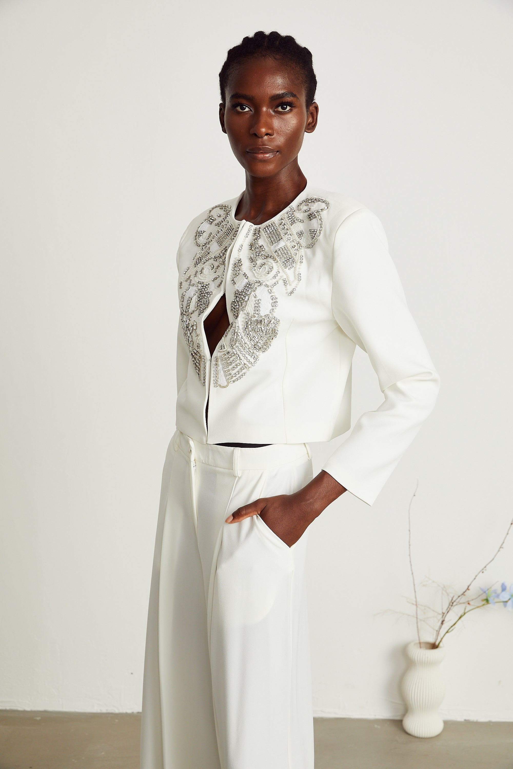 Agnès white embellished jacket & trousers matching set