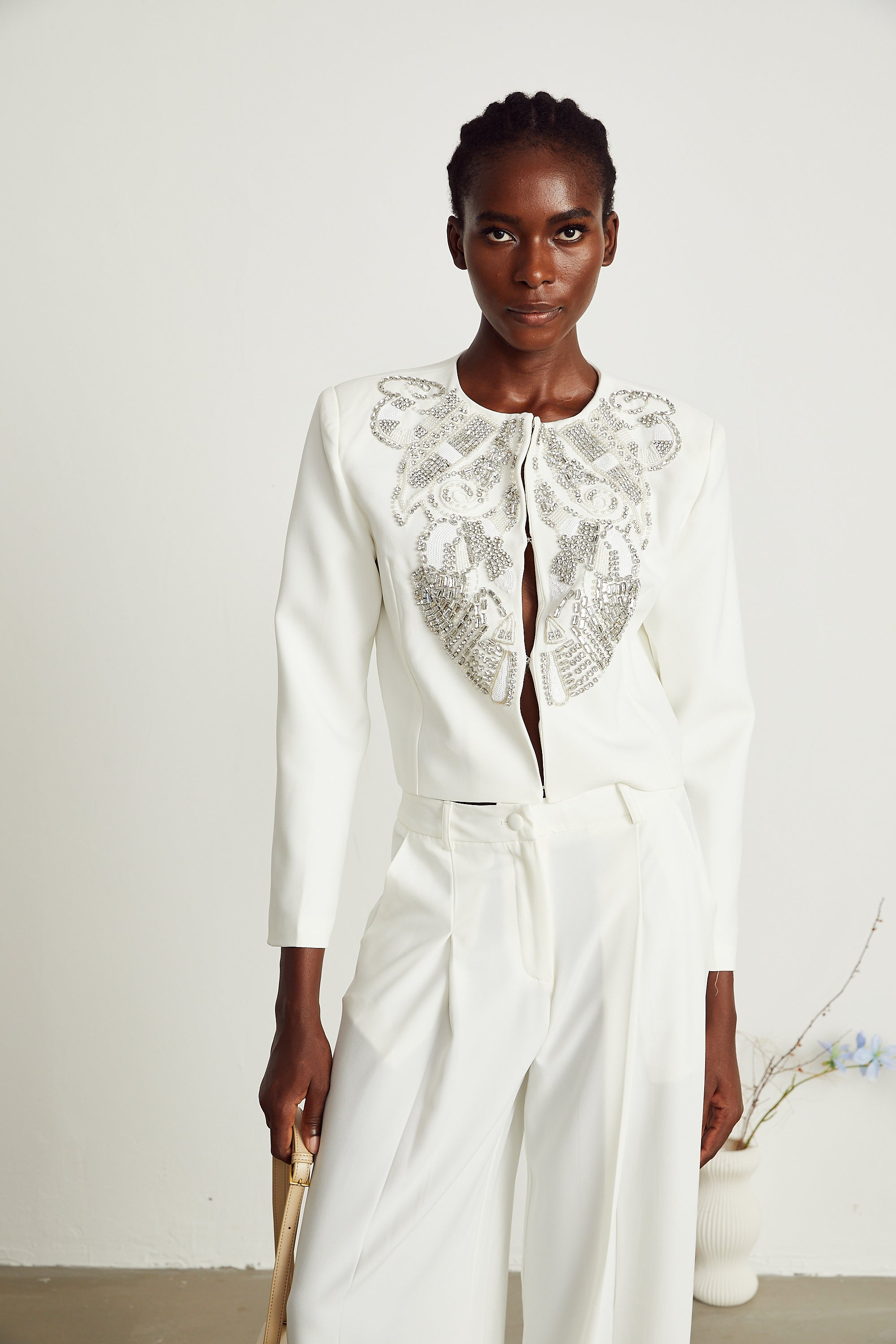 Agnès white embellished jacket & trousers matching set