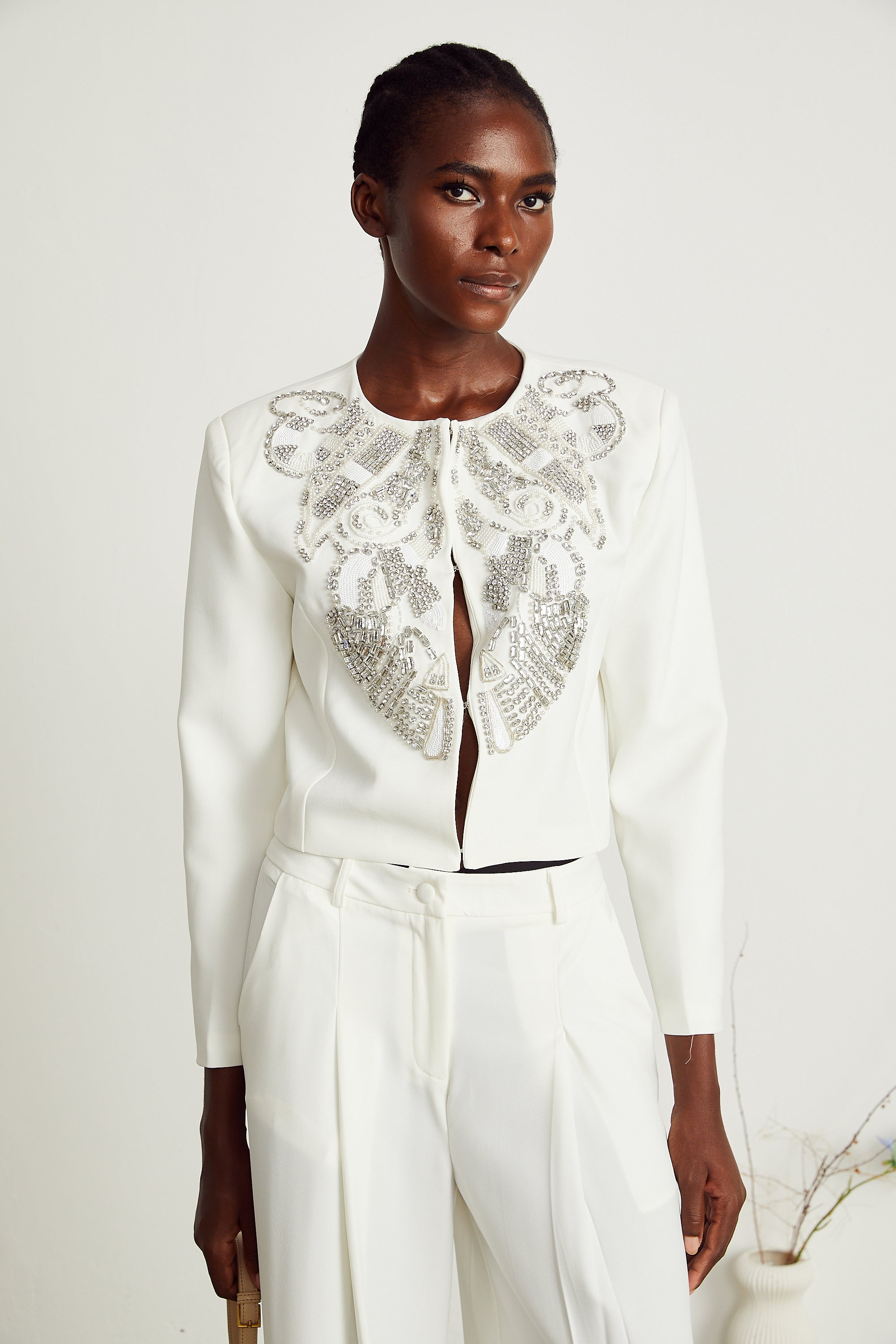 Agnès white embellished jacket & trousers matching set