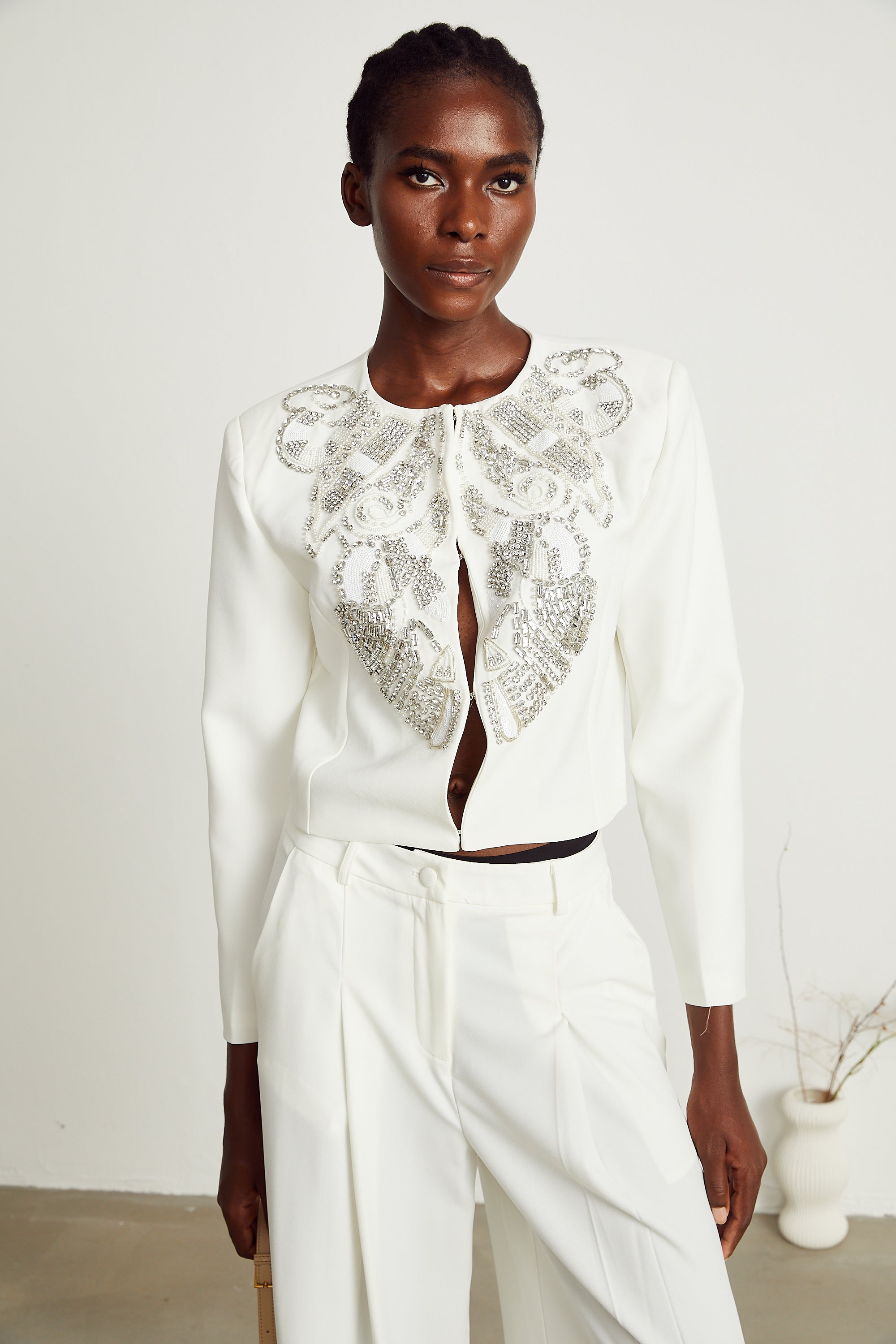 Agnès white embellished jacket & trousers matching set