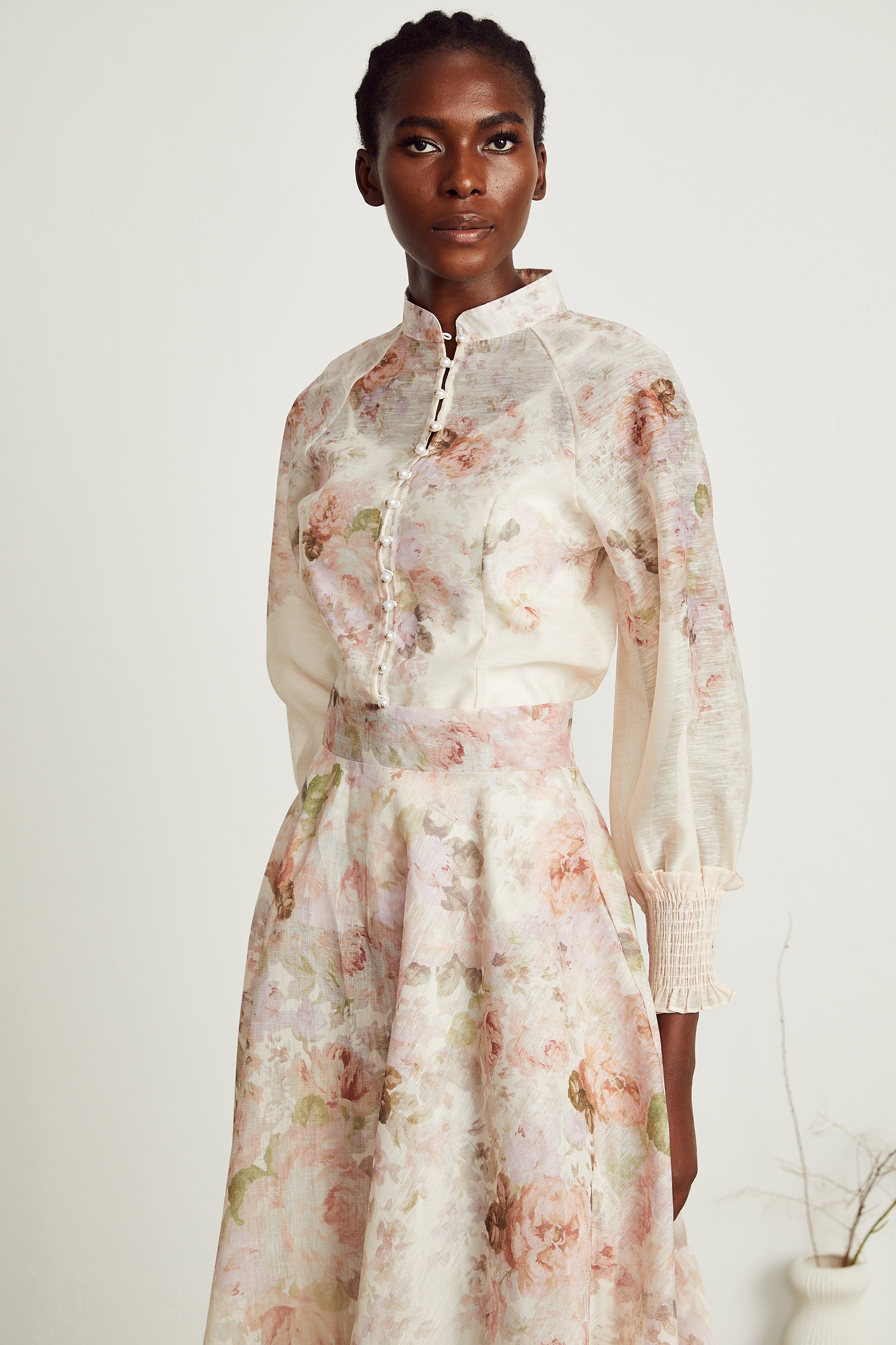 Irina sheer floral-print shirt & skirt matching set