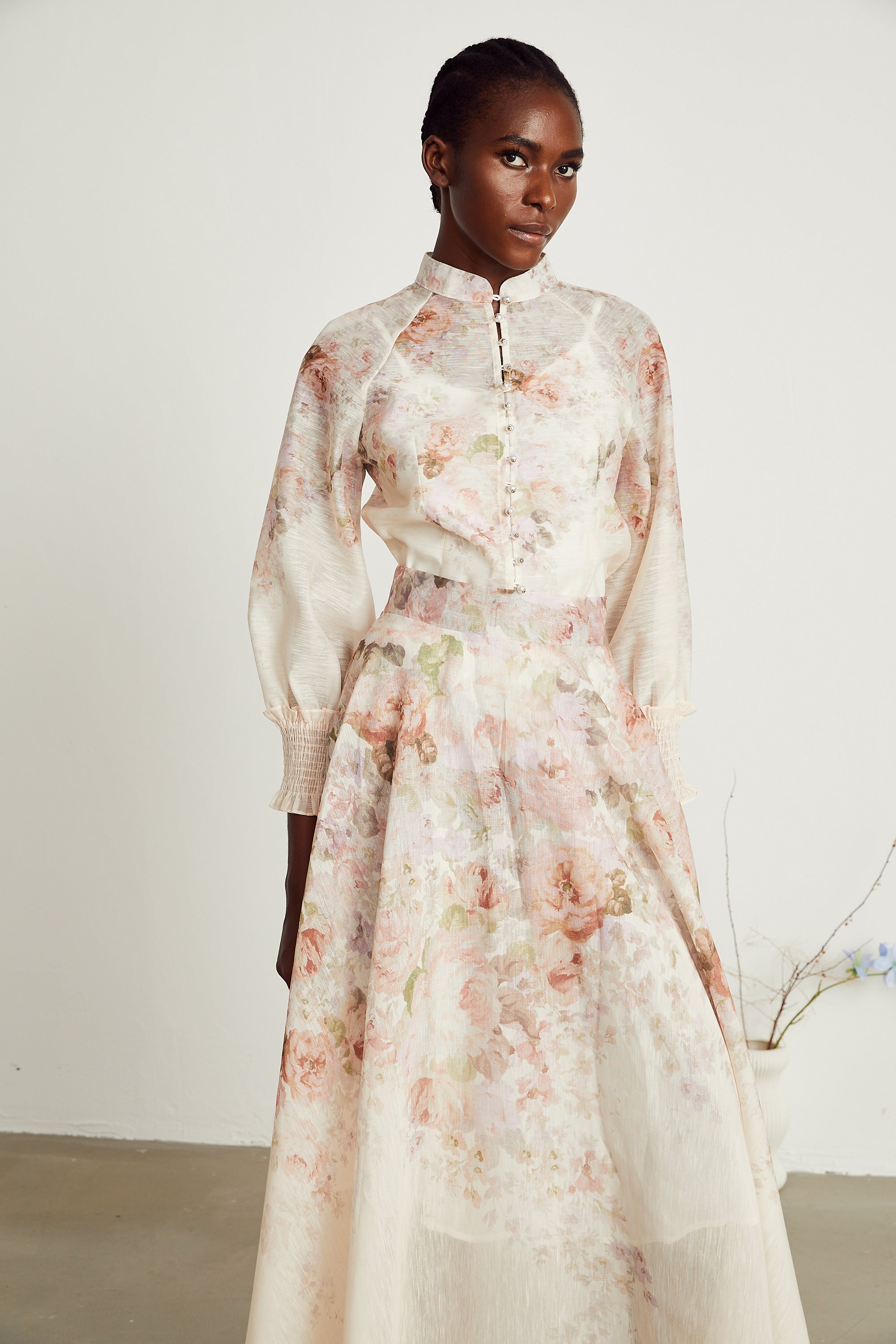 Irina sheer floral-print shirt & skirt matching set