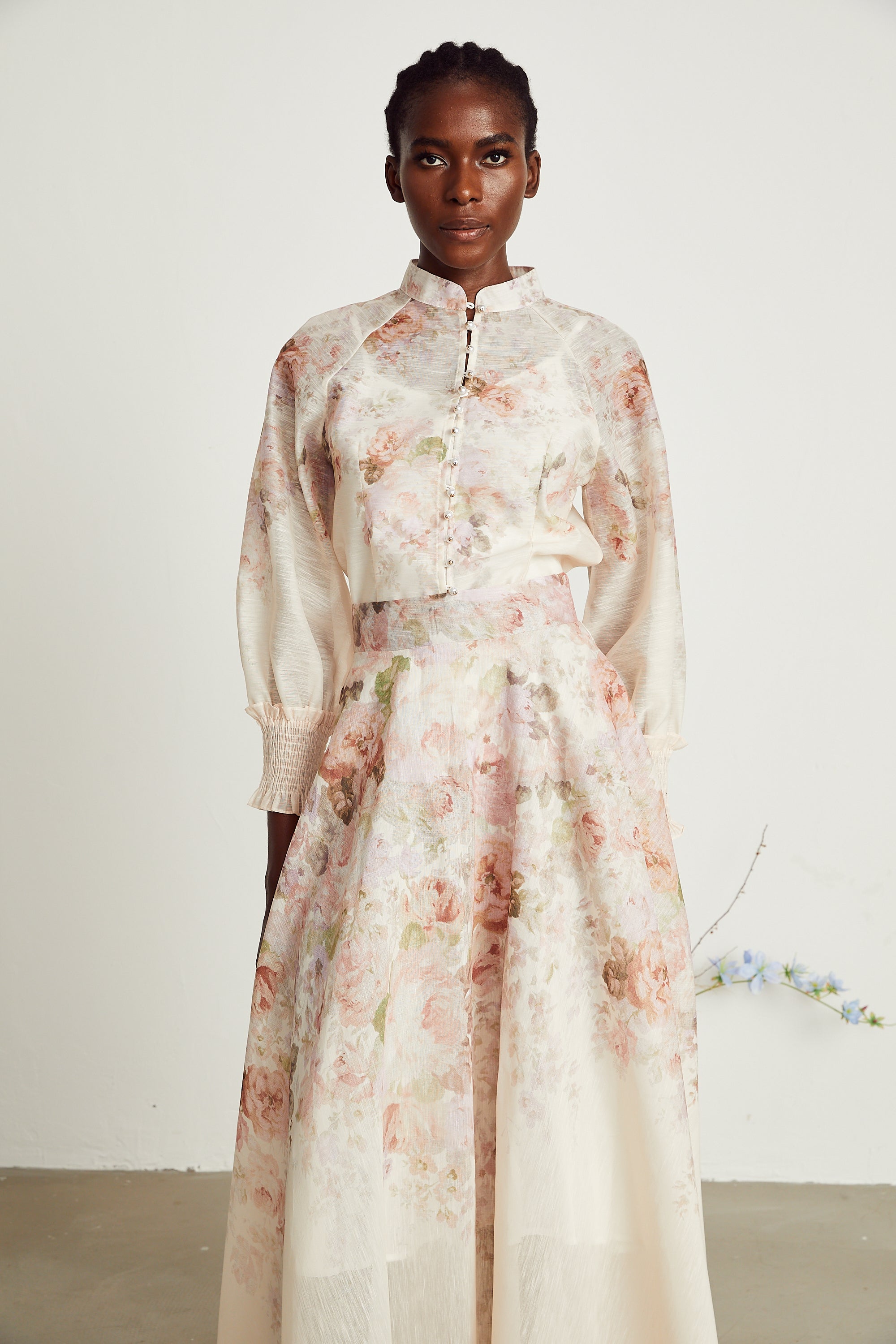 Irina sheer floral-print shirt & skirt matching set