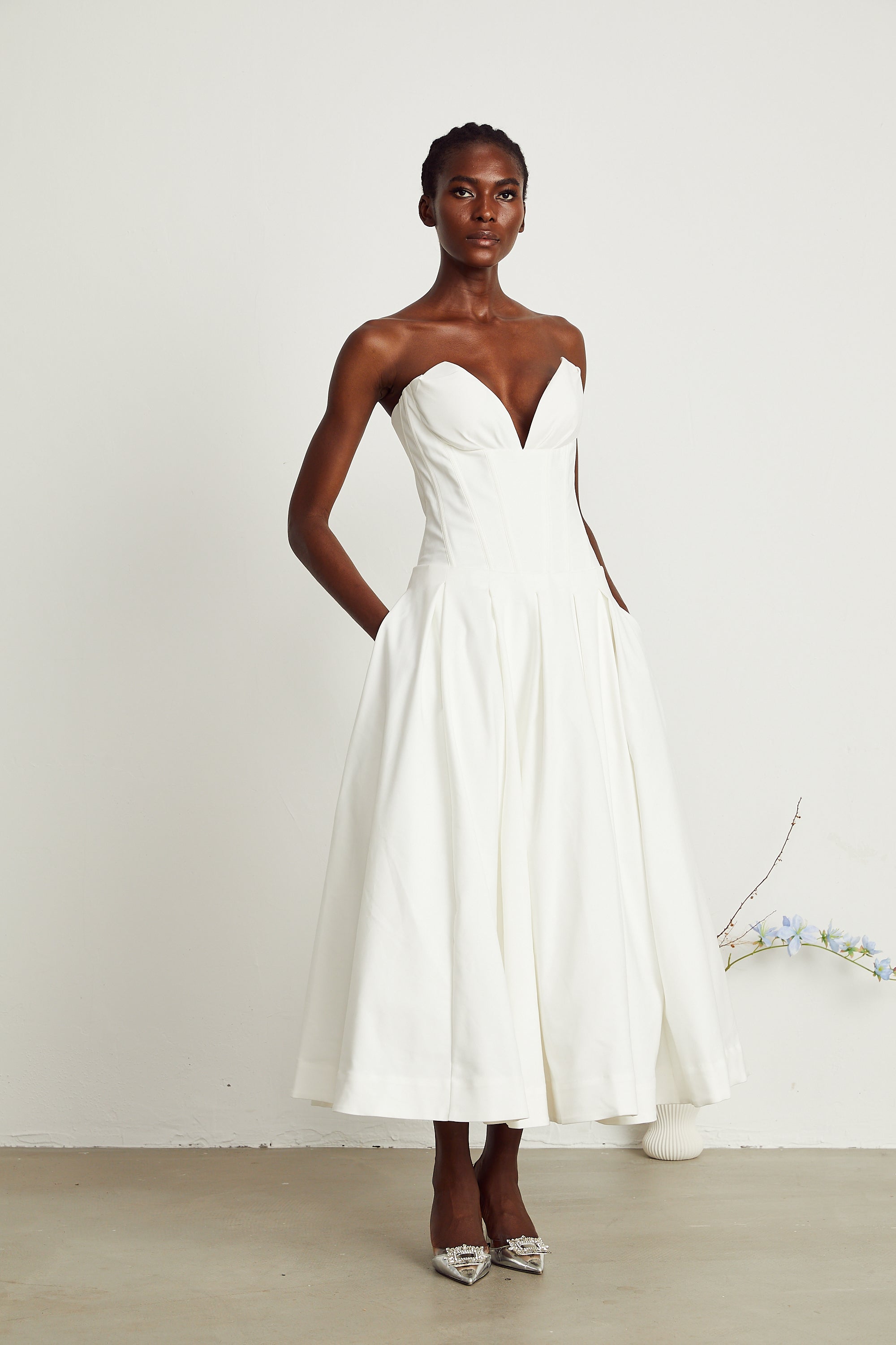 Katherine off-shoulder corset midi dress in White