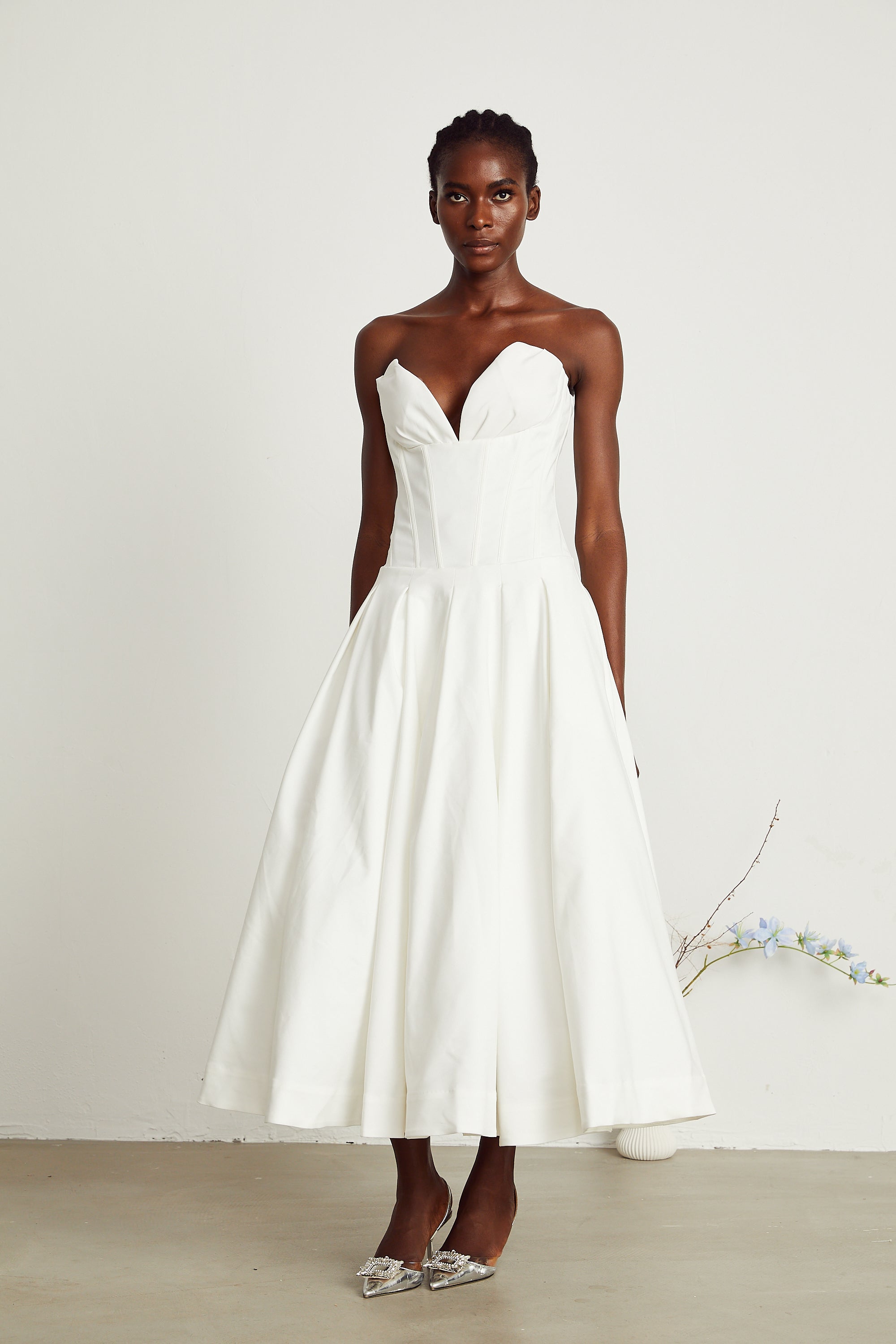 Katherine off-shoulder corset midi dress in White