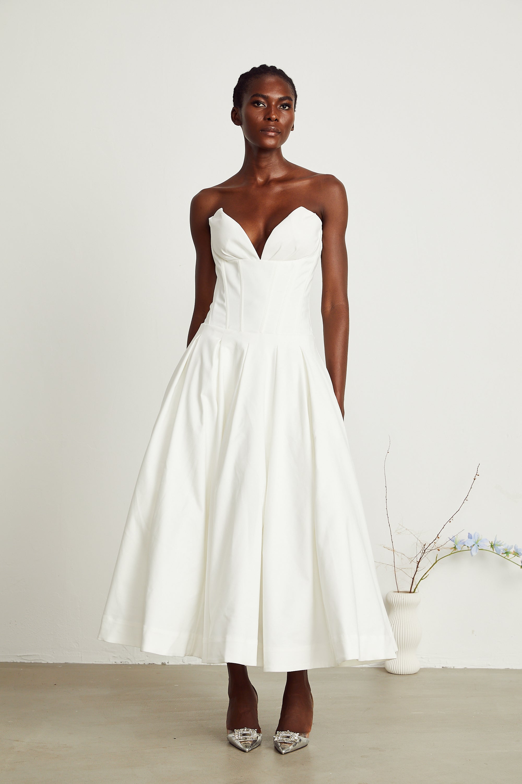 Katherine off-shoulder corset midi dress in White