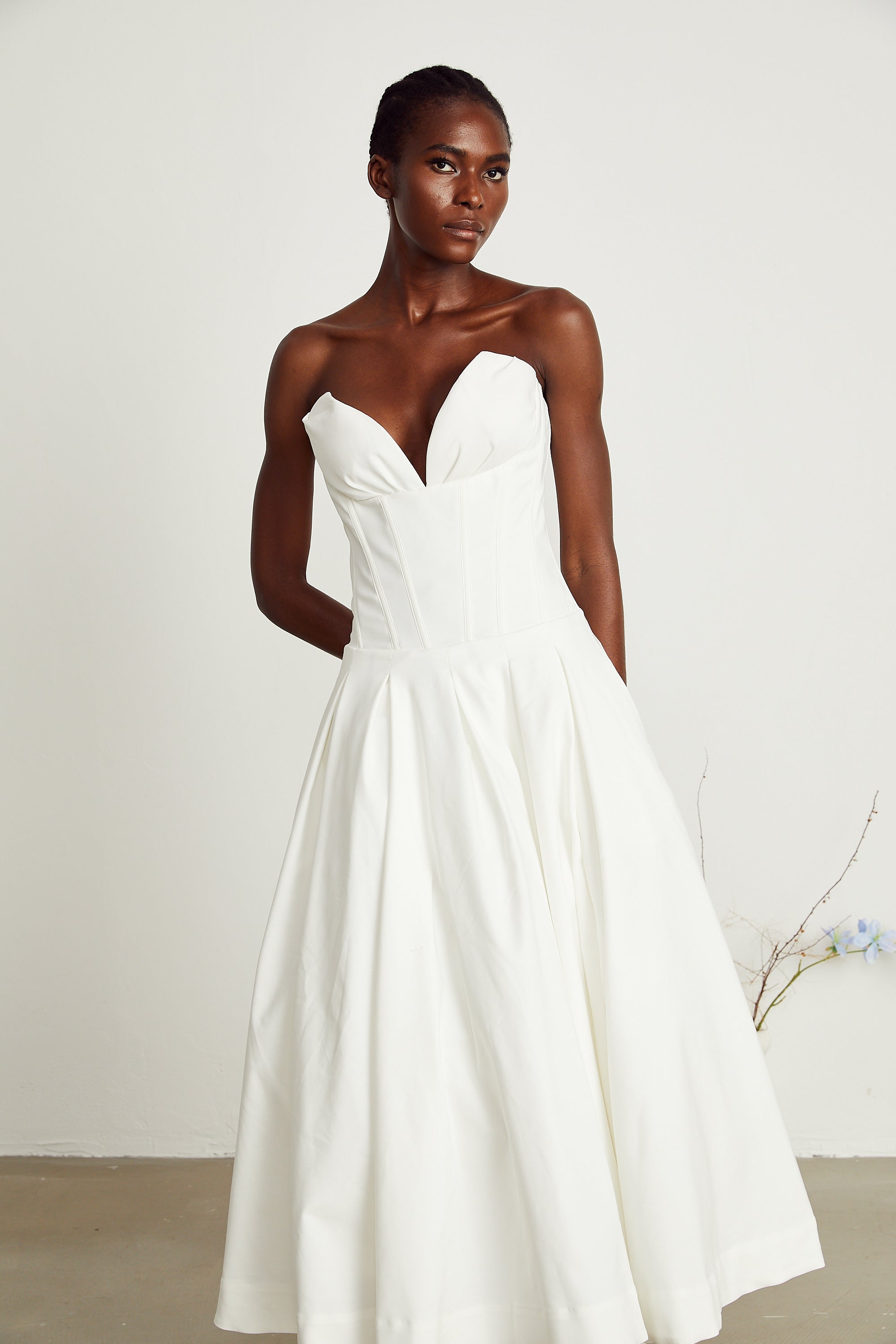 Katherine off-shoulder corset midi dress in White