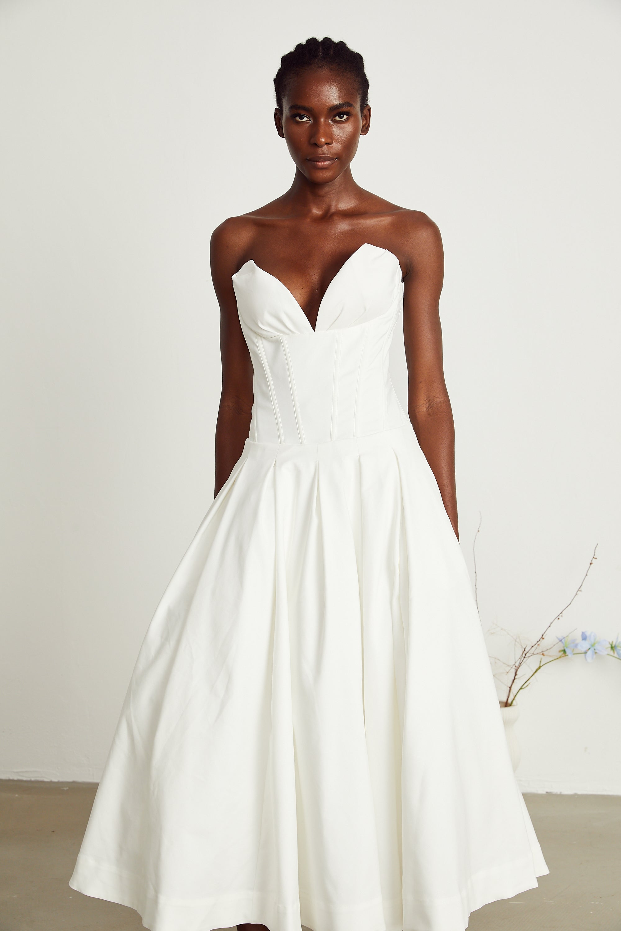 Katherine off-shoulder corset midi dress in White