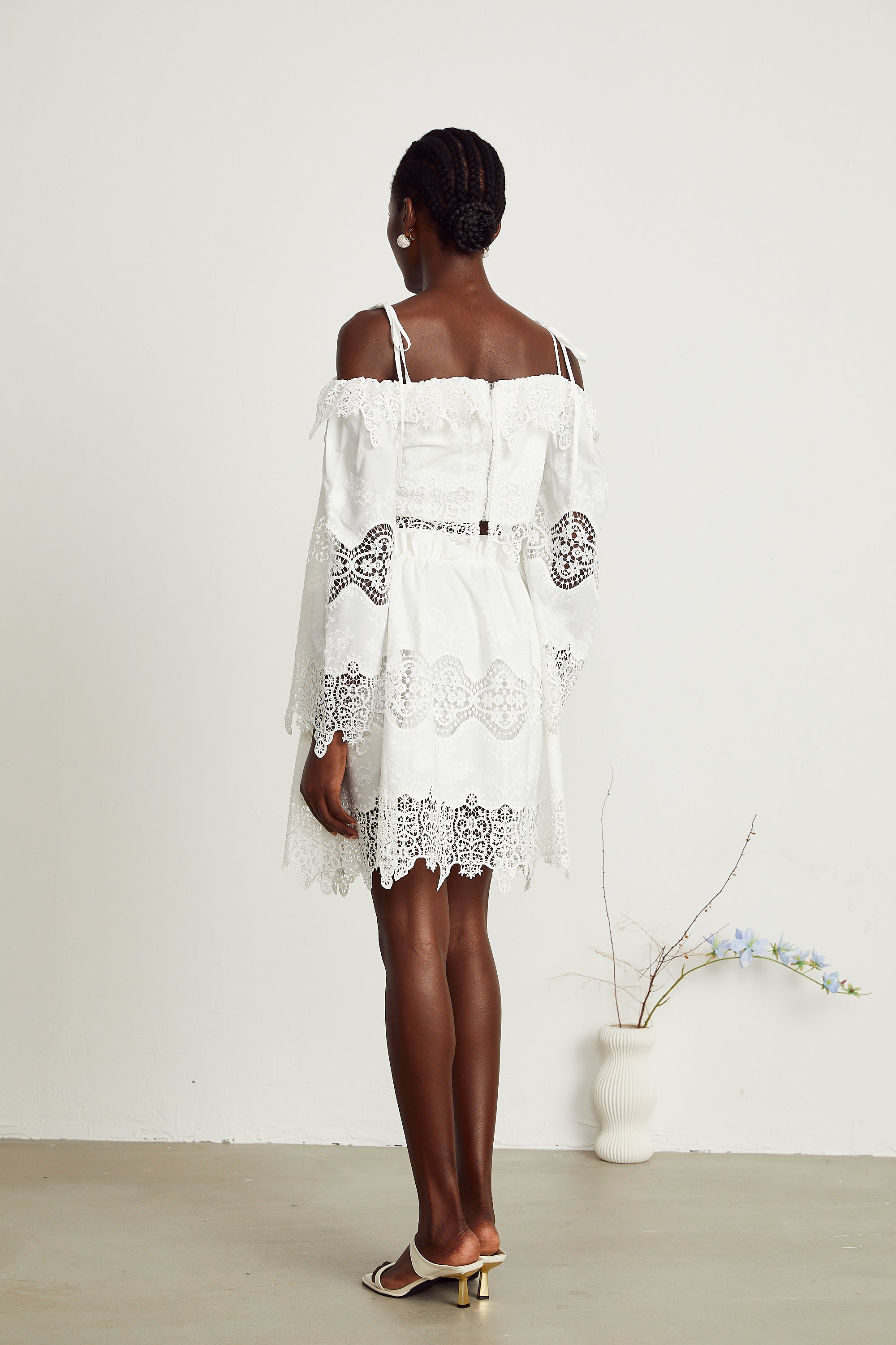 Ursule white lace-panel top & skirt matching set