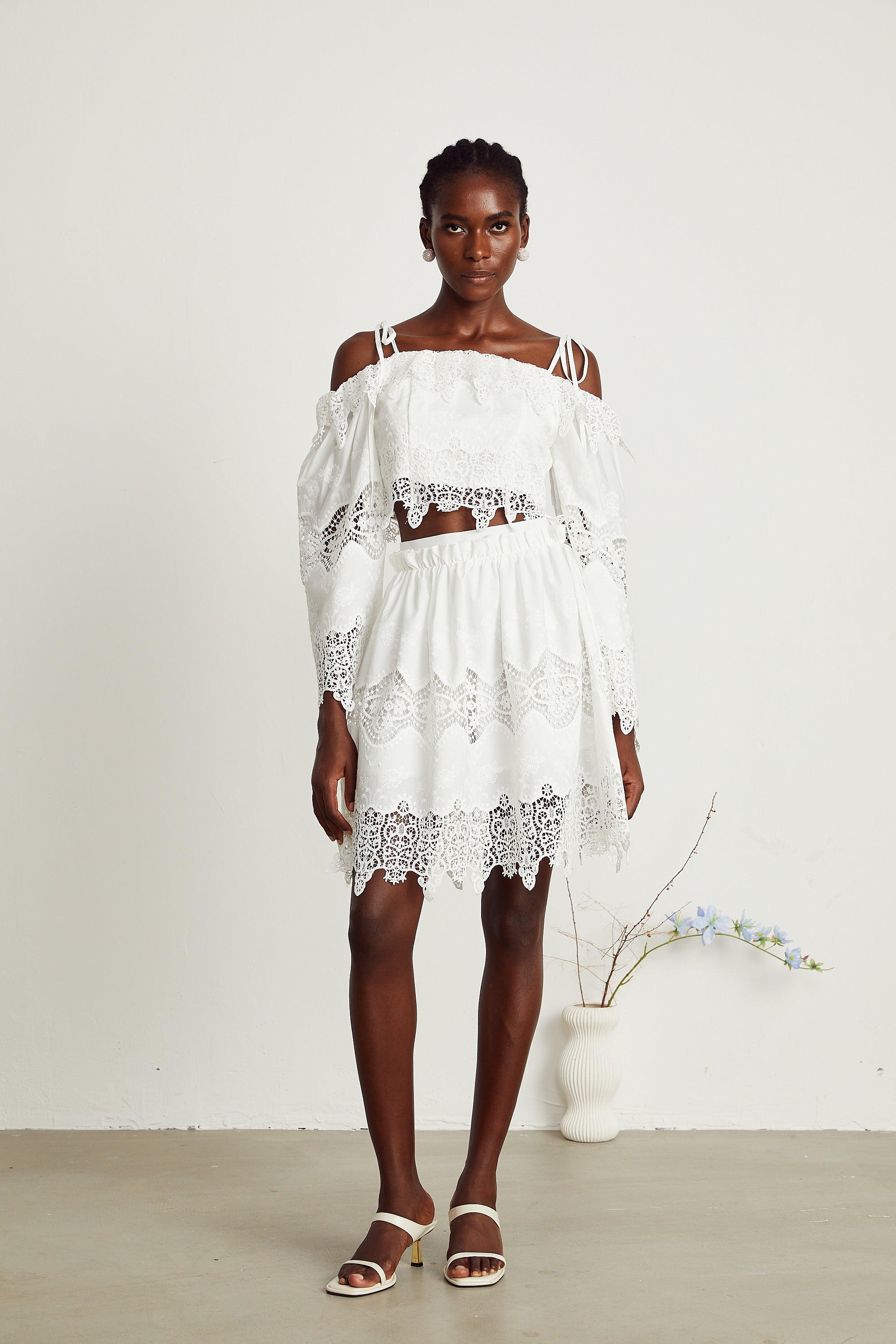 Ursule white lace-panel top & skirt matching set