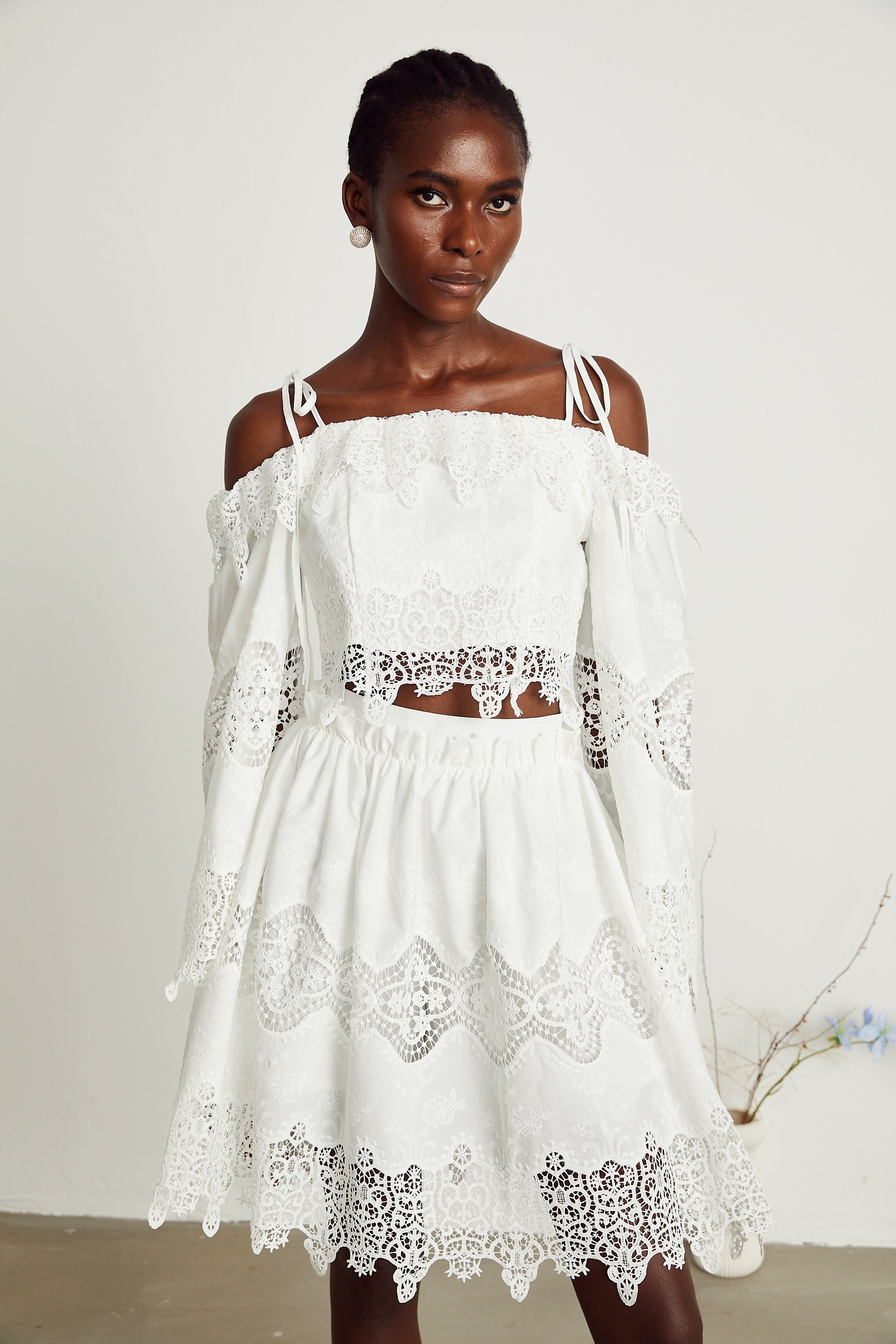 Ursule white lace-panel top & skirt matching set