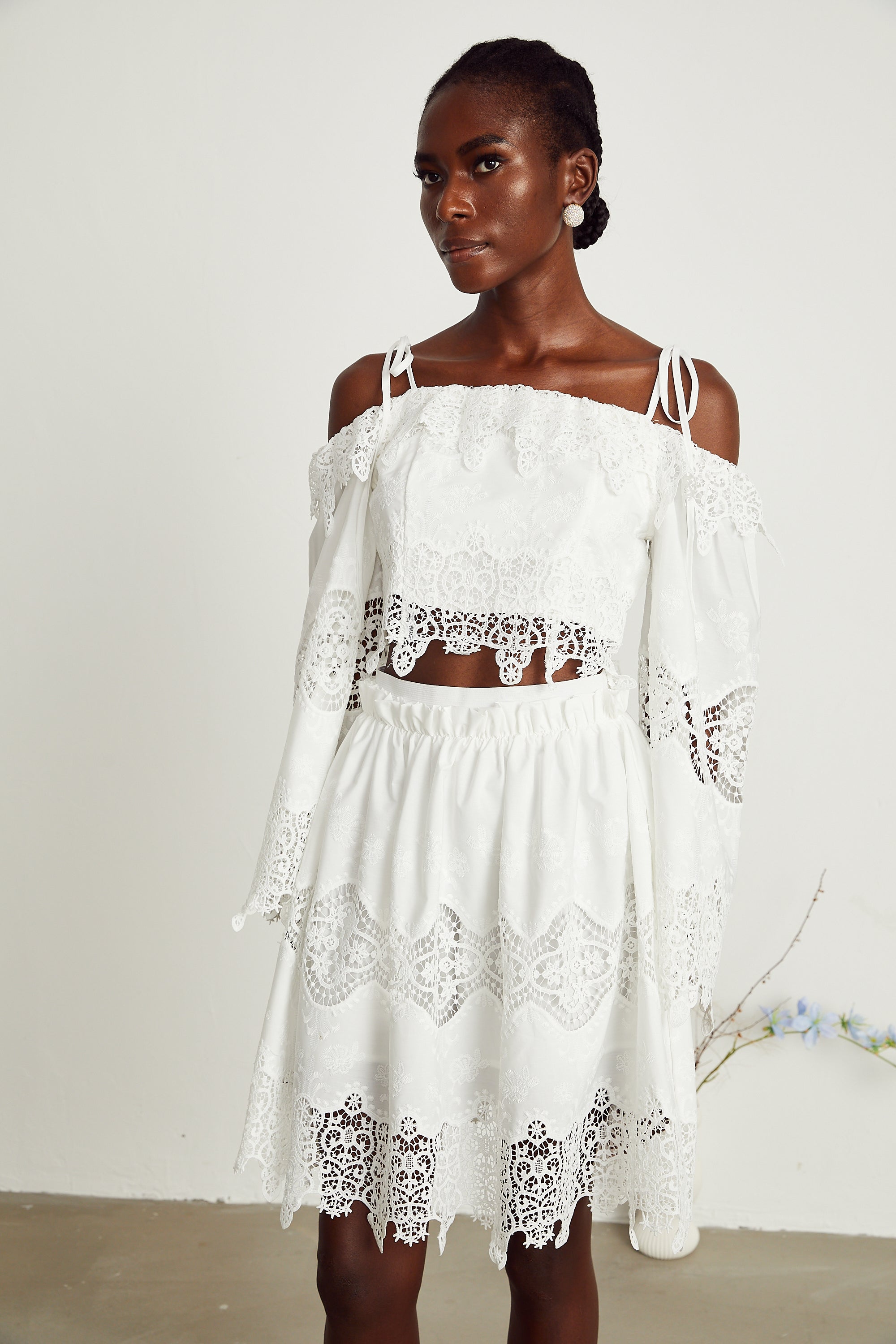 Ursule white lace-panel top & skirt matching set