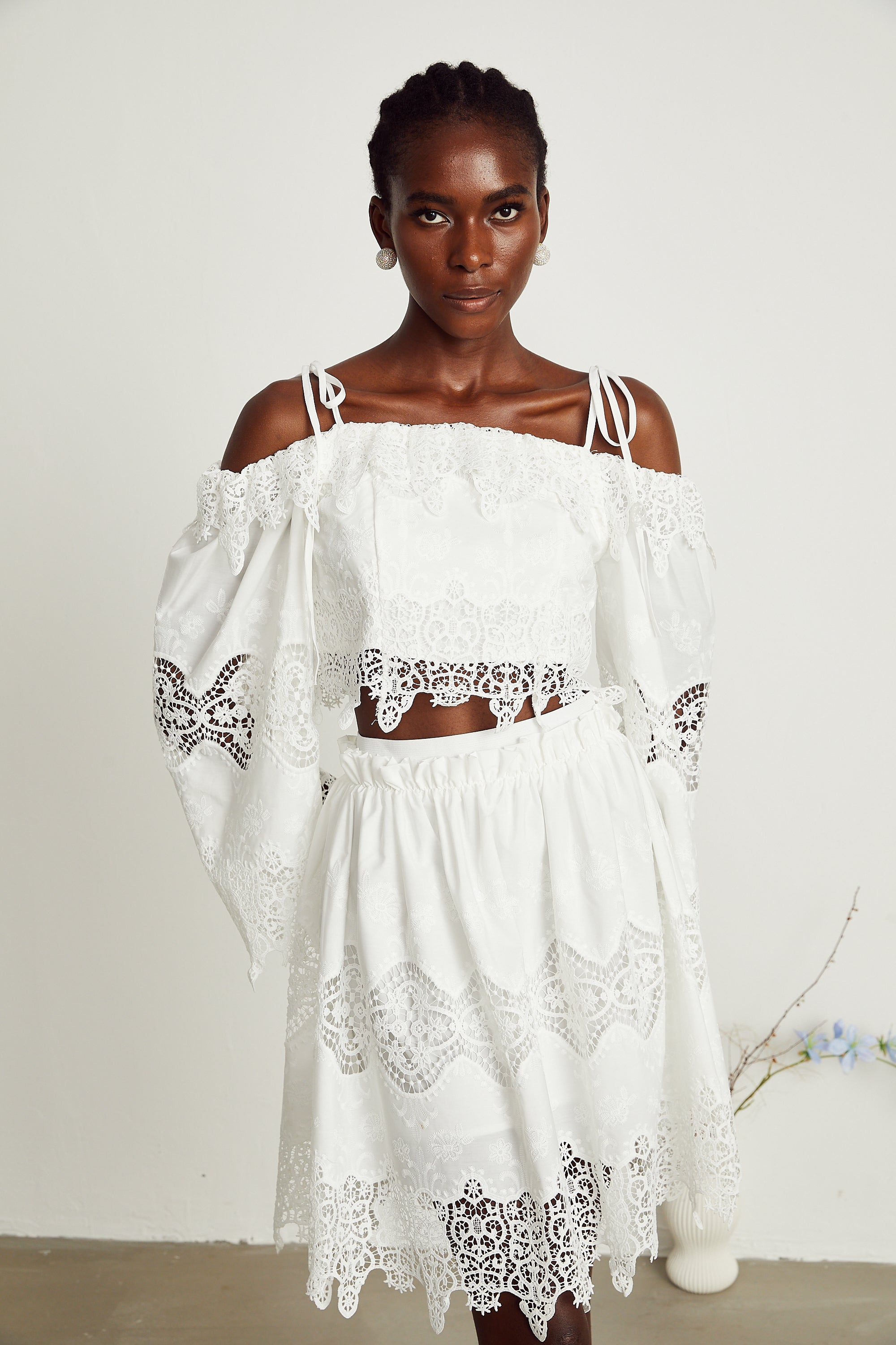 Ursule white lace-panel top & skirt matching set