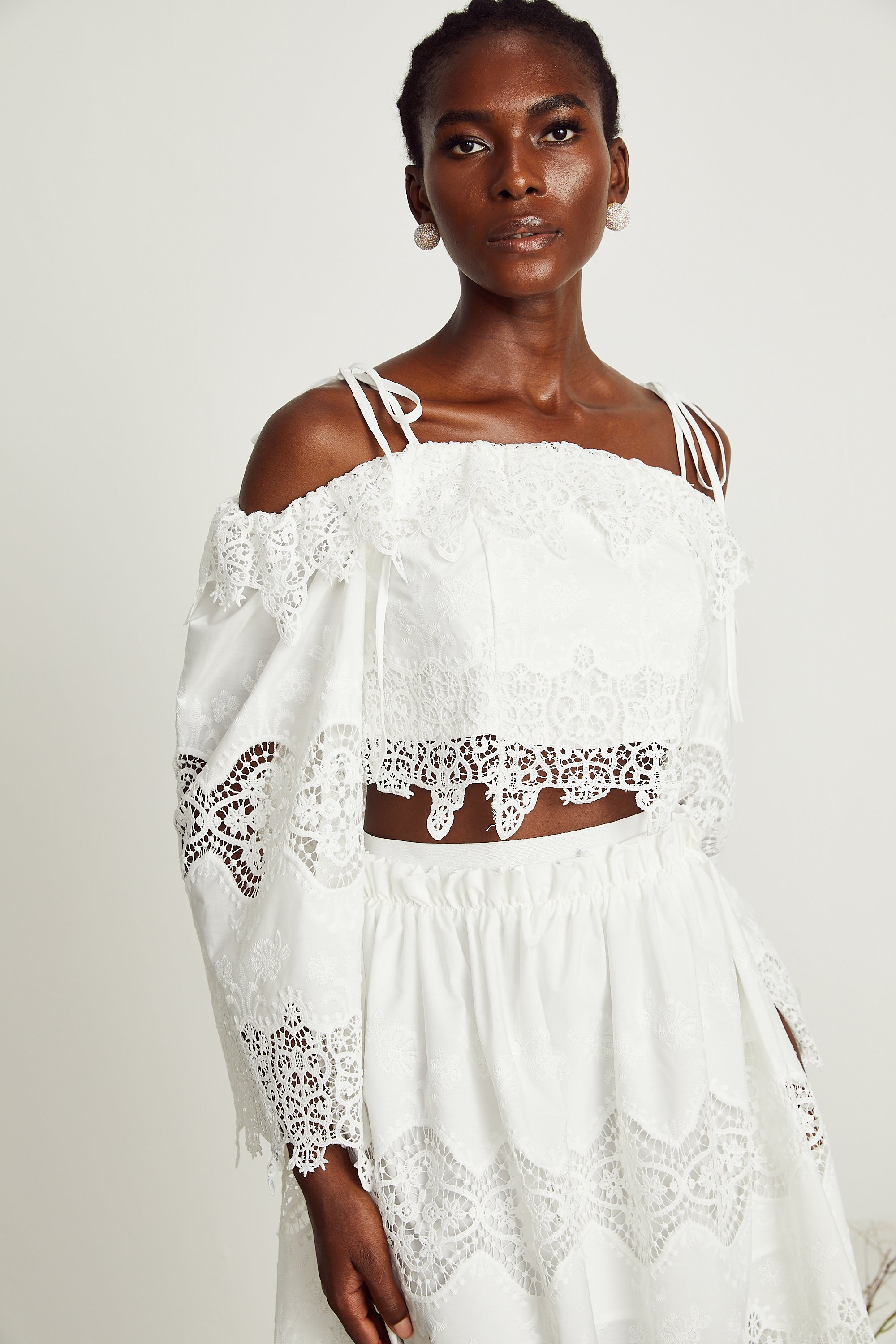 Ursule white lace-panel top & skirt matching set