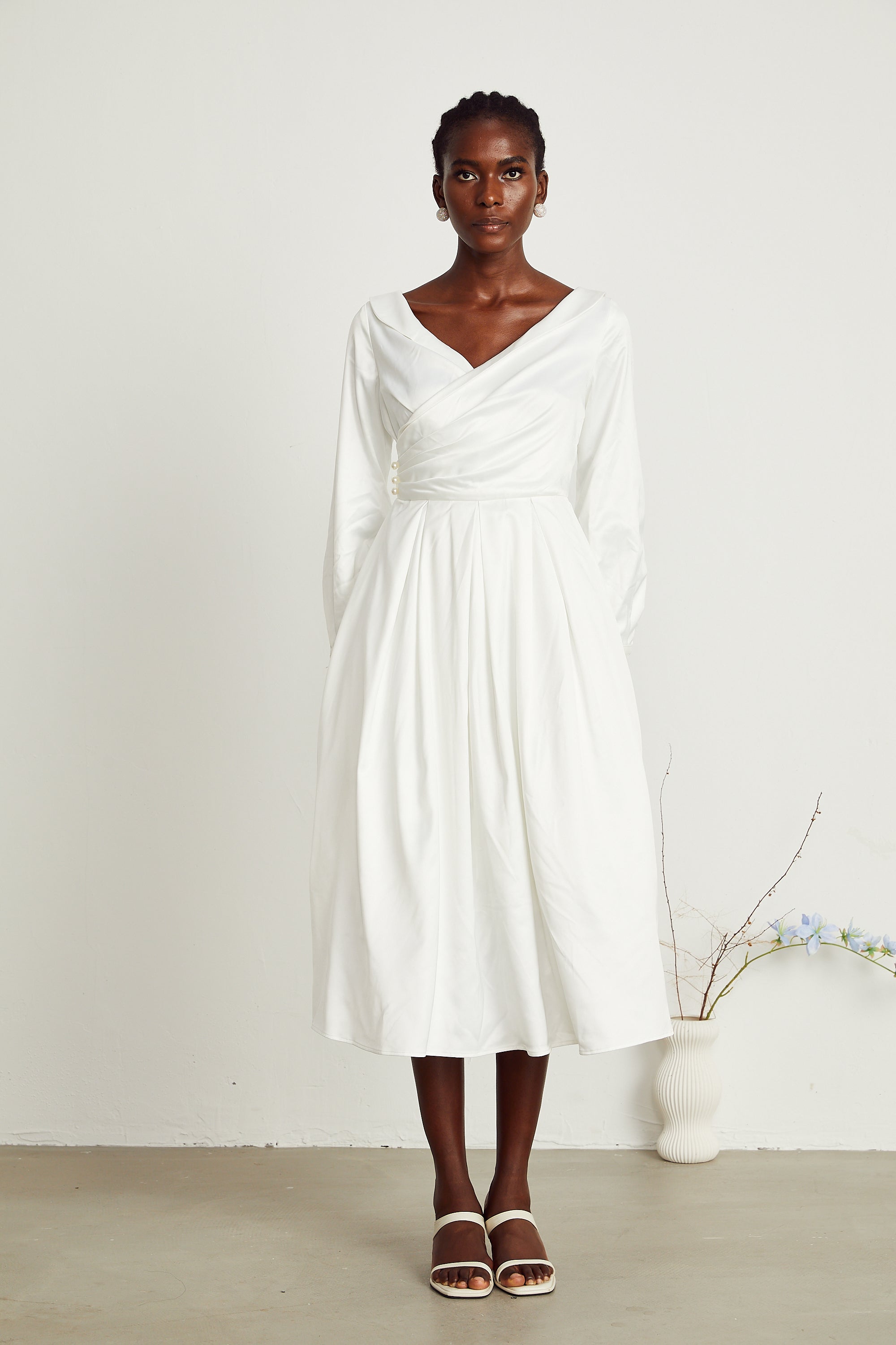 Emma white pleated V-neck midi dress