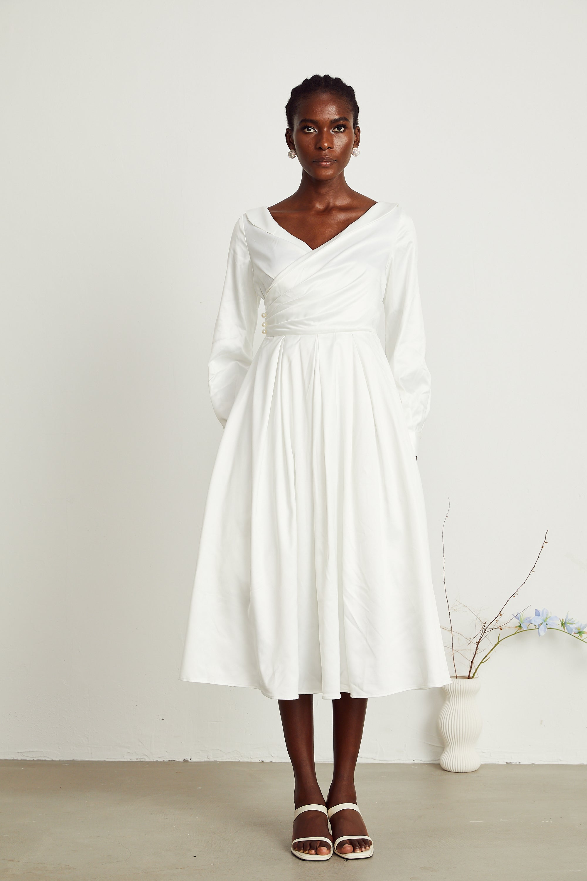 Emma white pleated V-neck midi dress