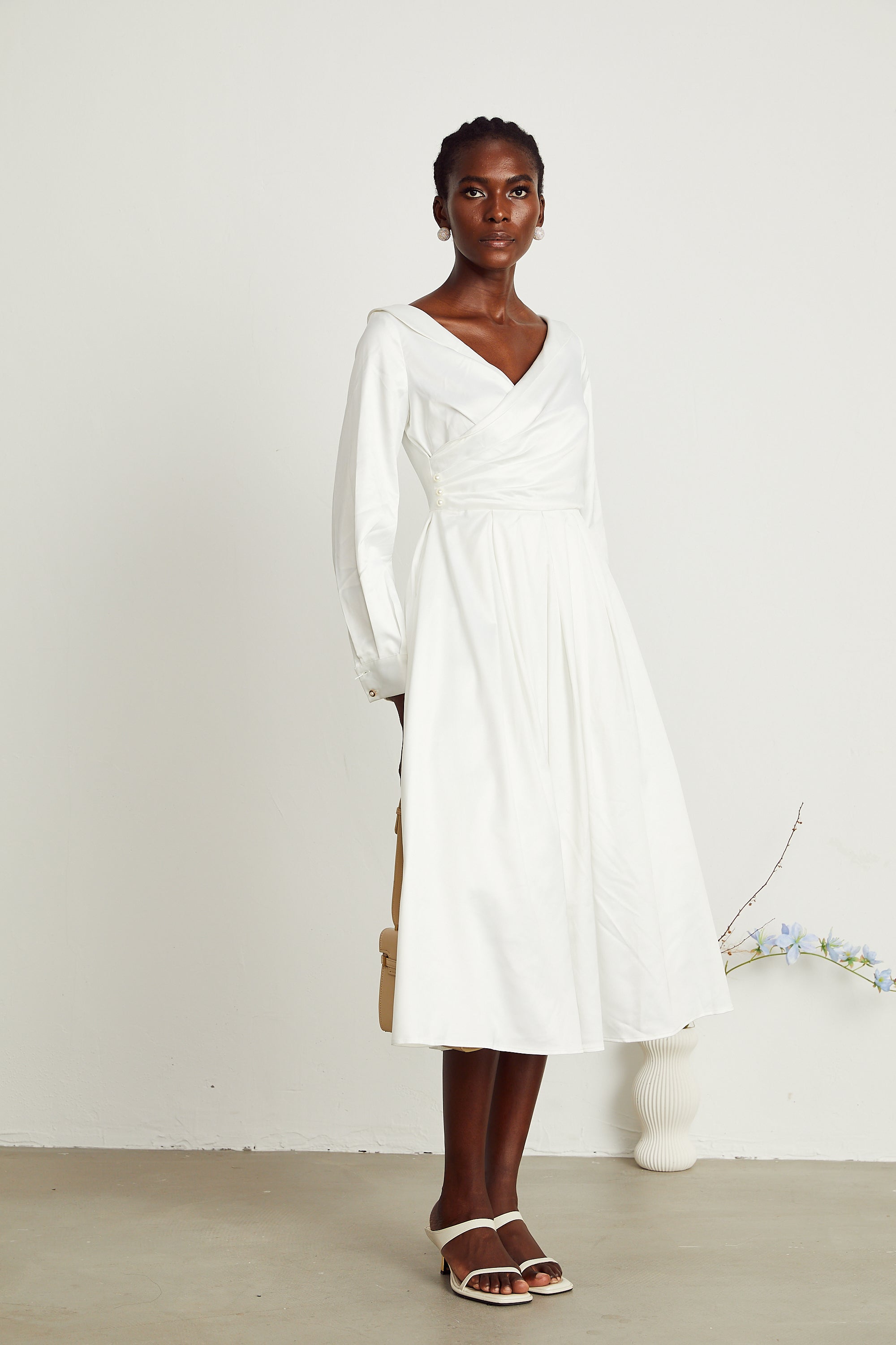 Emma white pleated V-neck midi dress