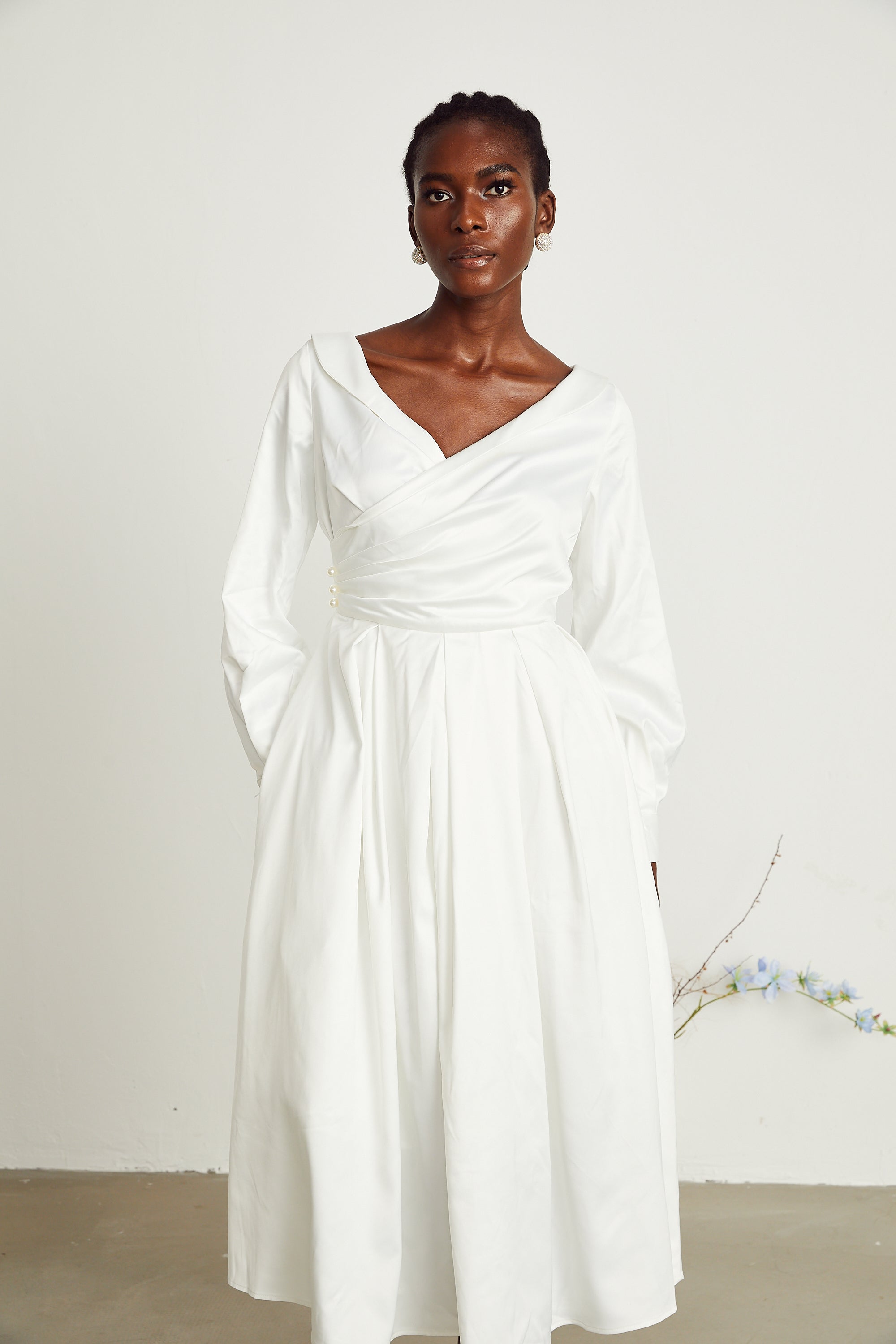 Emma white pleated V-neck midi dress