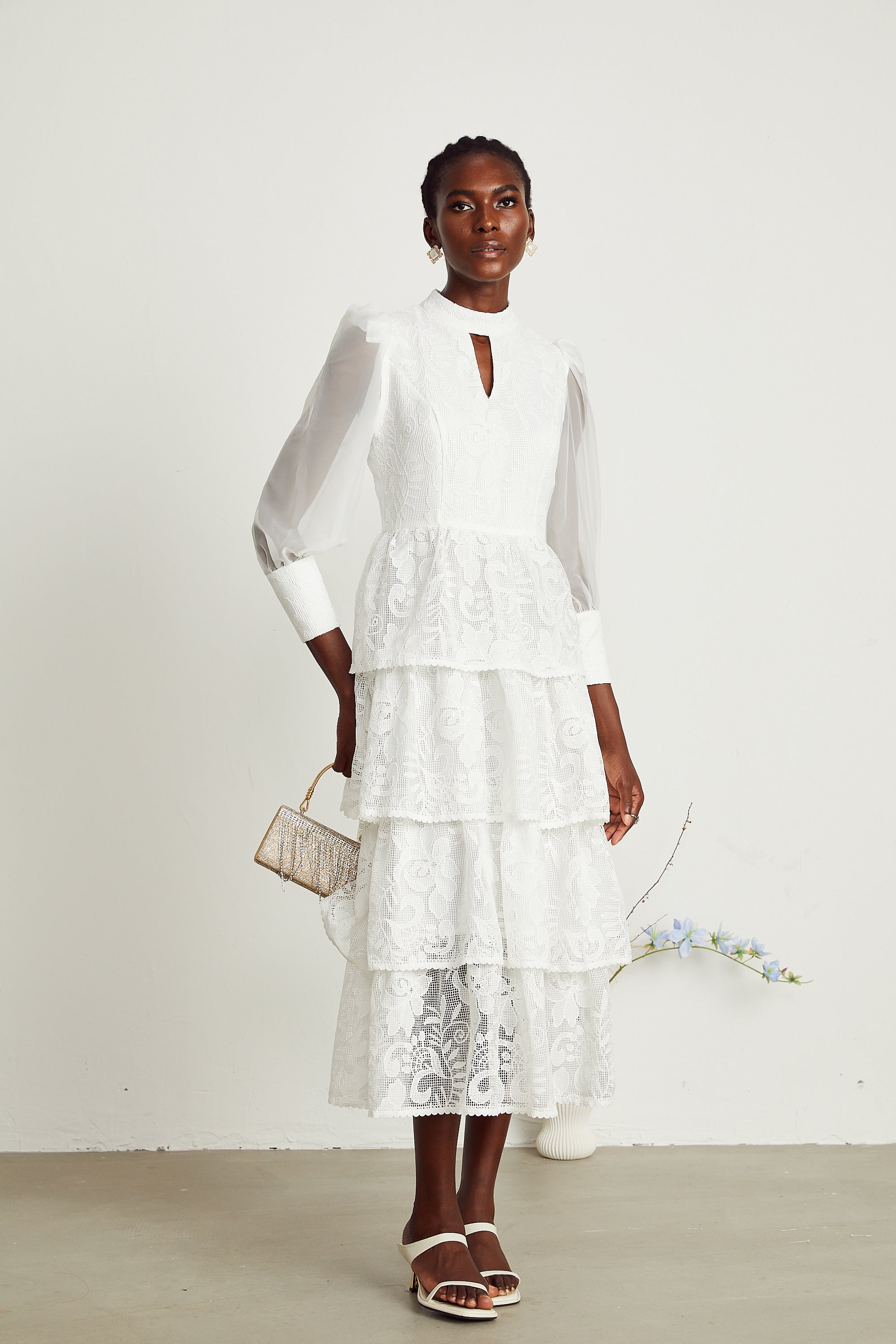 Carolina white floral-embroidered midi dress