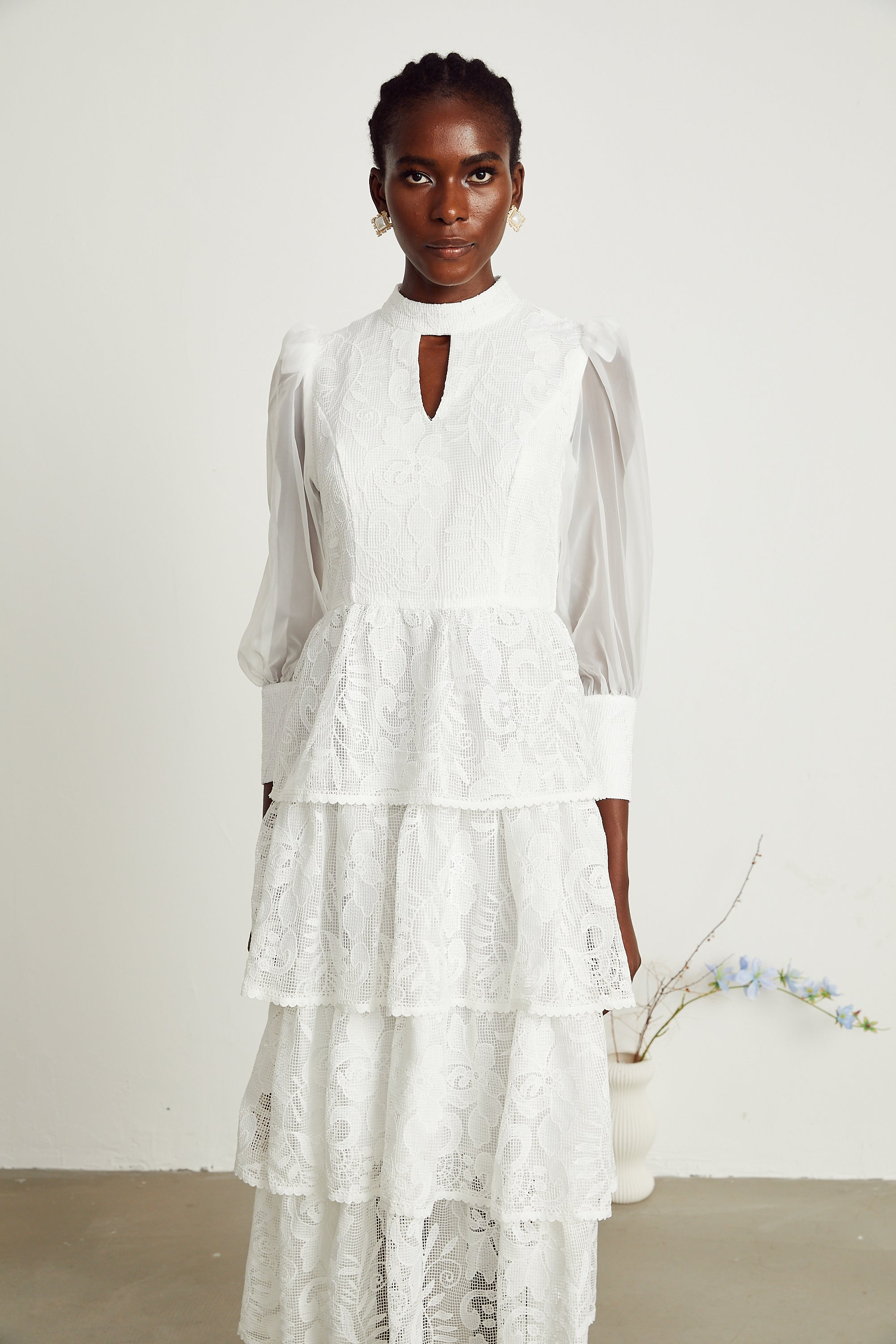 Carolina white floral-embroidered midi dress