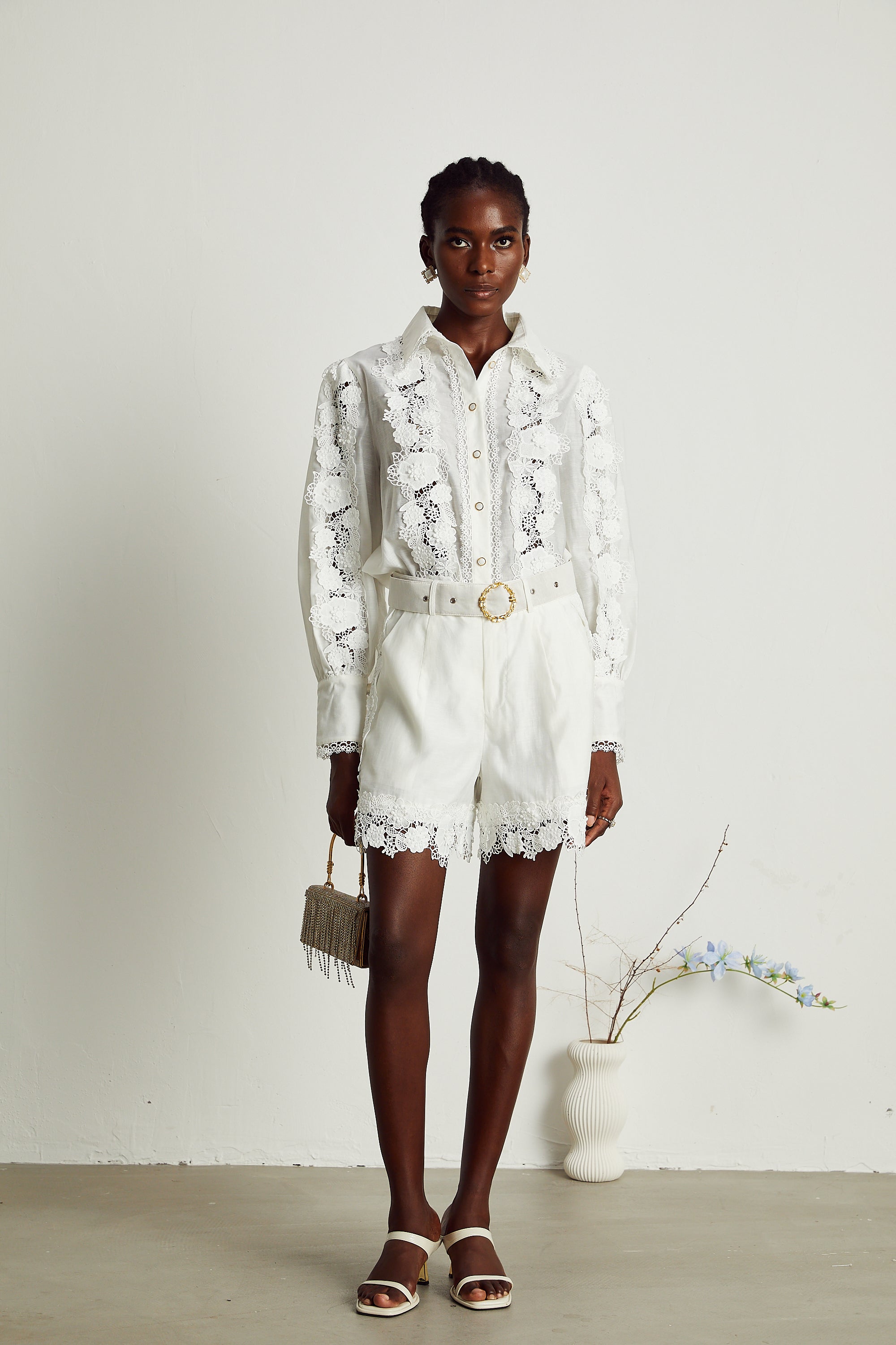 Rosalie lace-trim embroidered shirt & shorts matching set