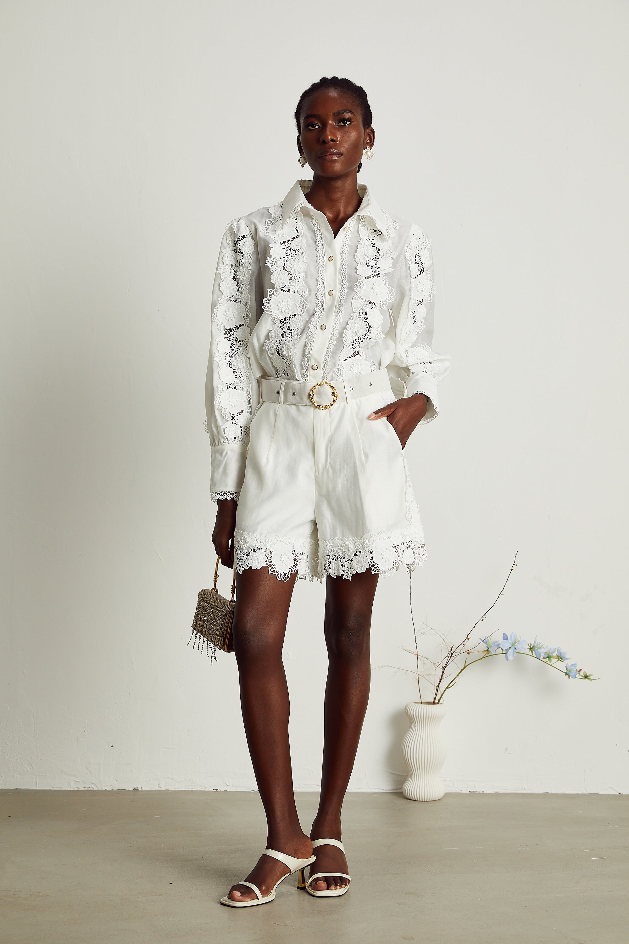 Rosalie lace-trim embroidered shirt & shorts matching set