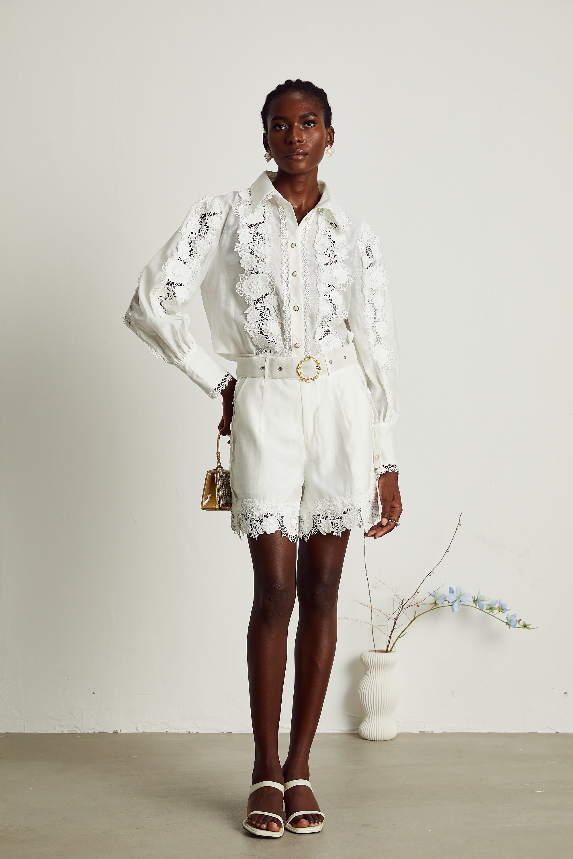 Rosalie lace-trim embroidered shirt & shorts matching set