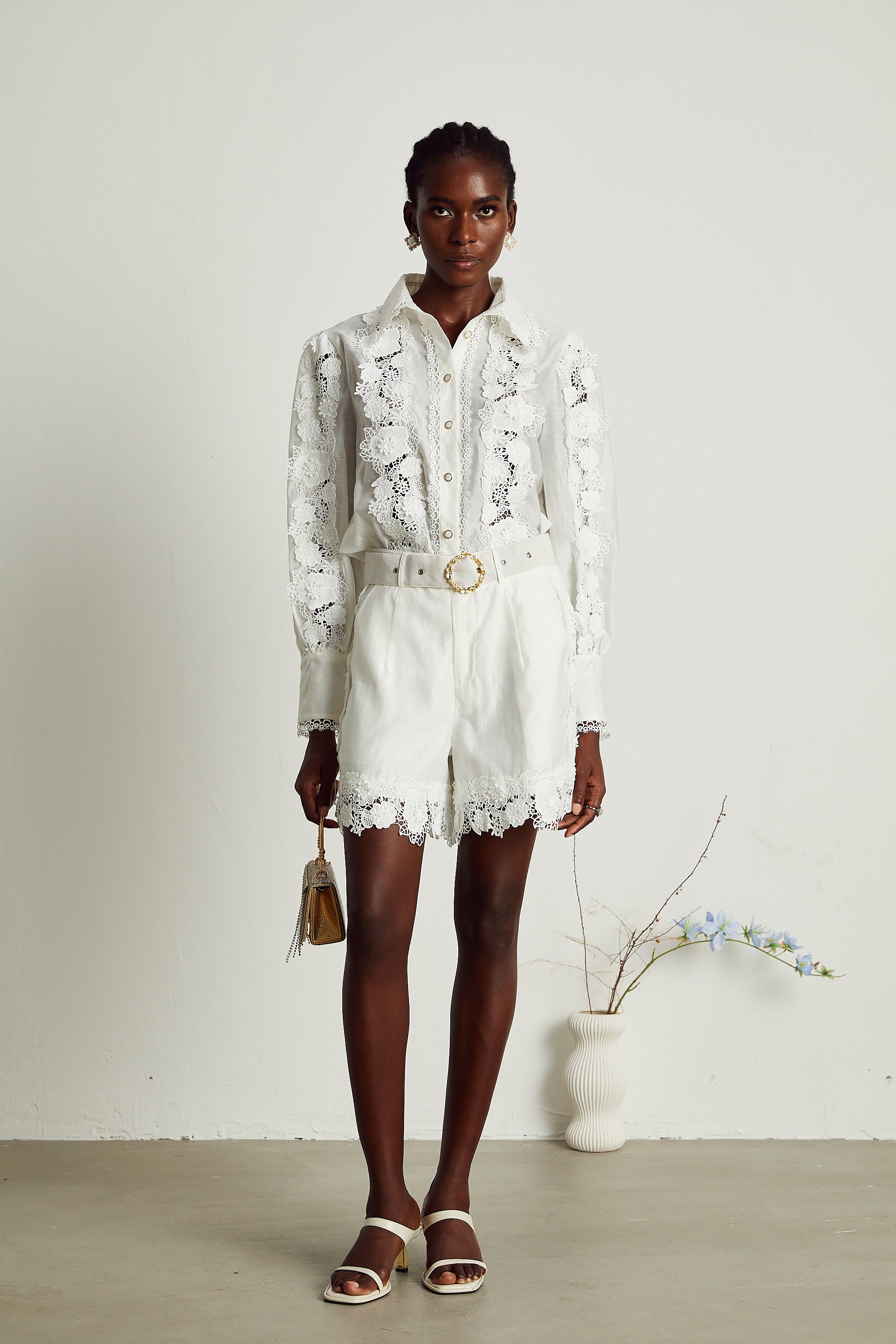 Rosalie lace-trim embroidered shirt & shorts matching set