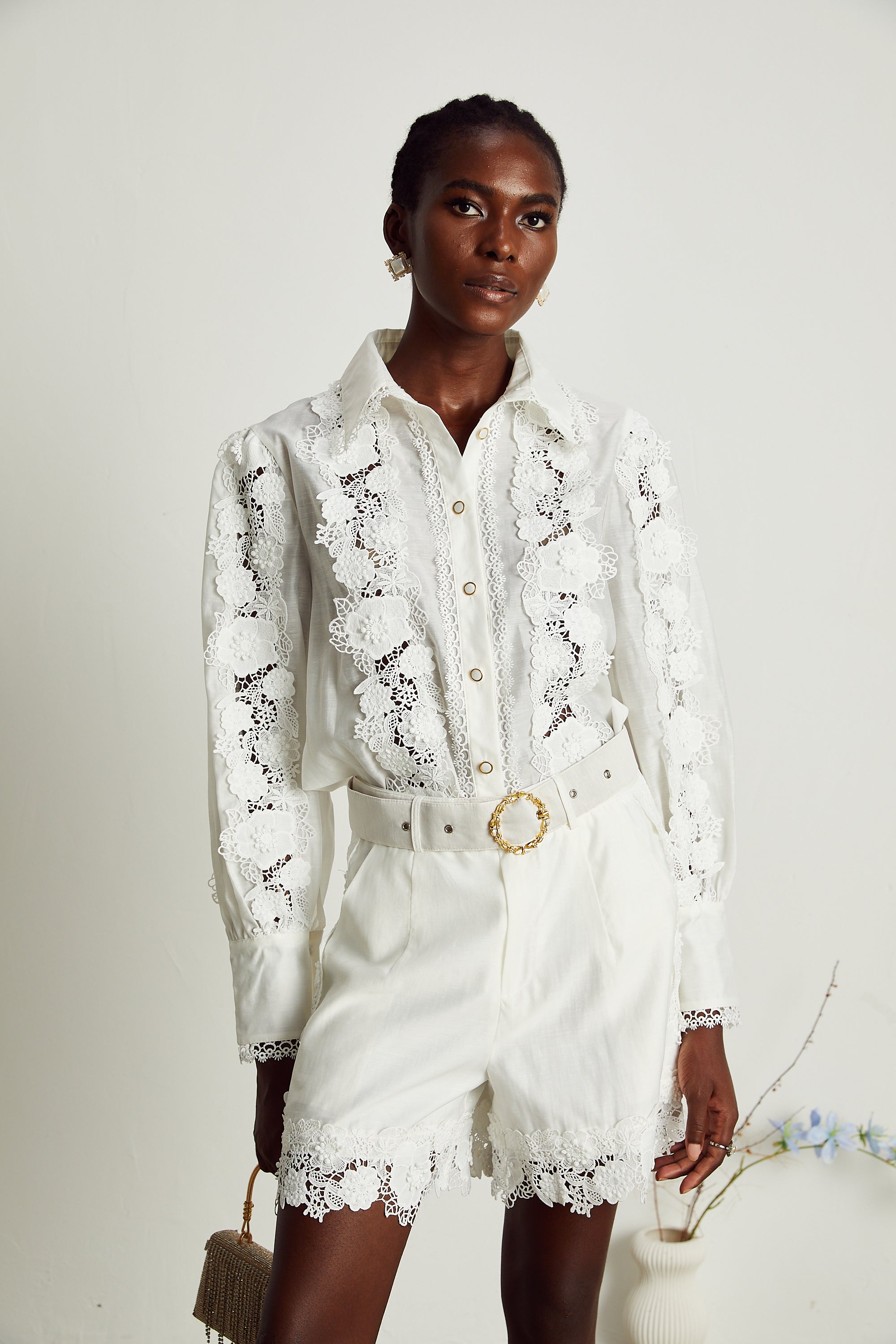 Rosalie lace-trim embroidered shirt & shorts matching set