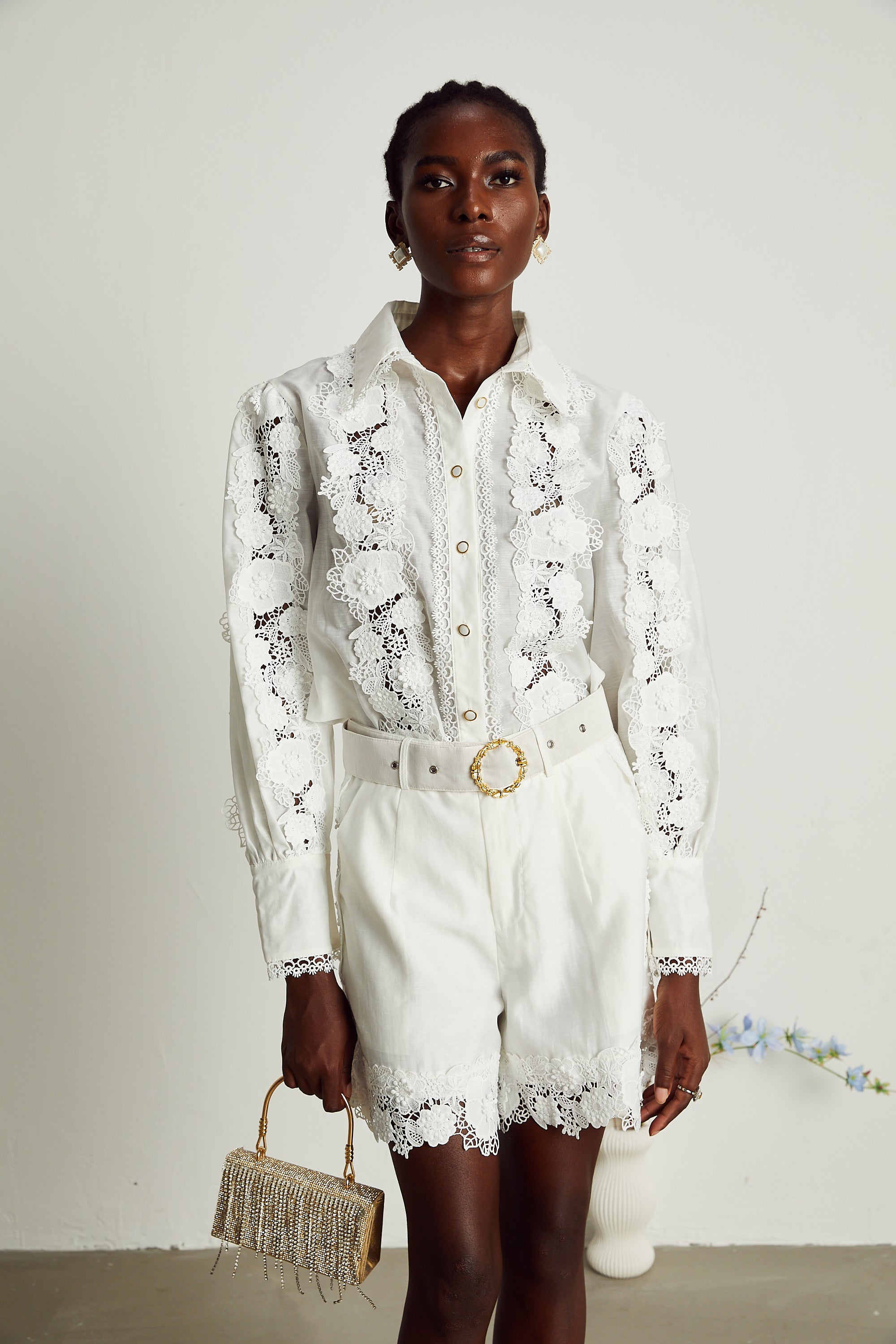 Rosalie lace-trim embroidered shirt & shorts matching set